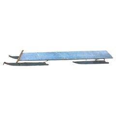 Early 20th C Eight Foot Wooden Traverse Sled in Old Blue Paint