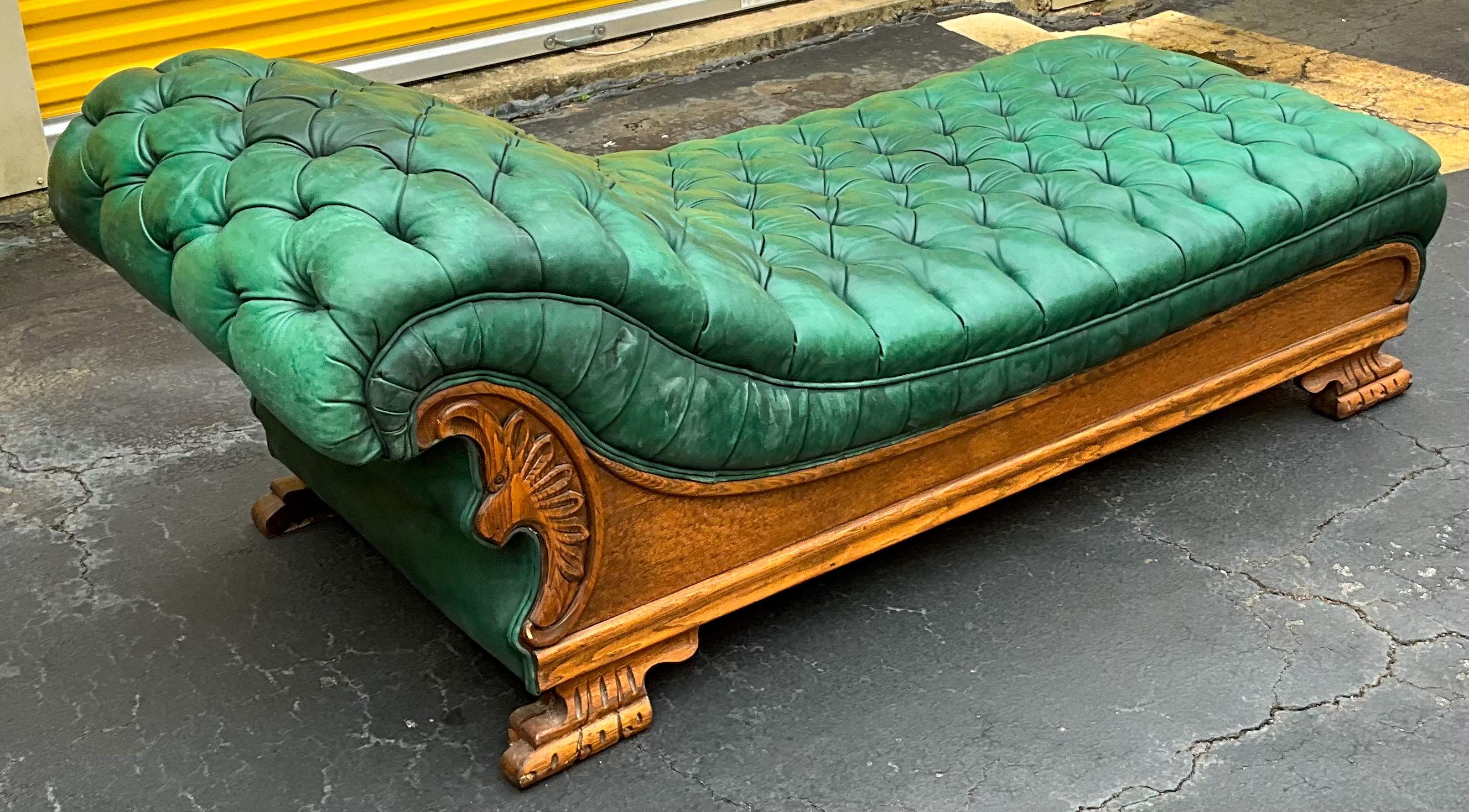 American Early 20th-C. Empire Style Tufted Green Leather Chaise  / Sofa / Recamier
