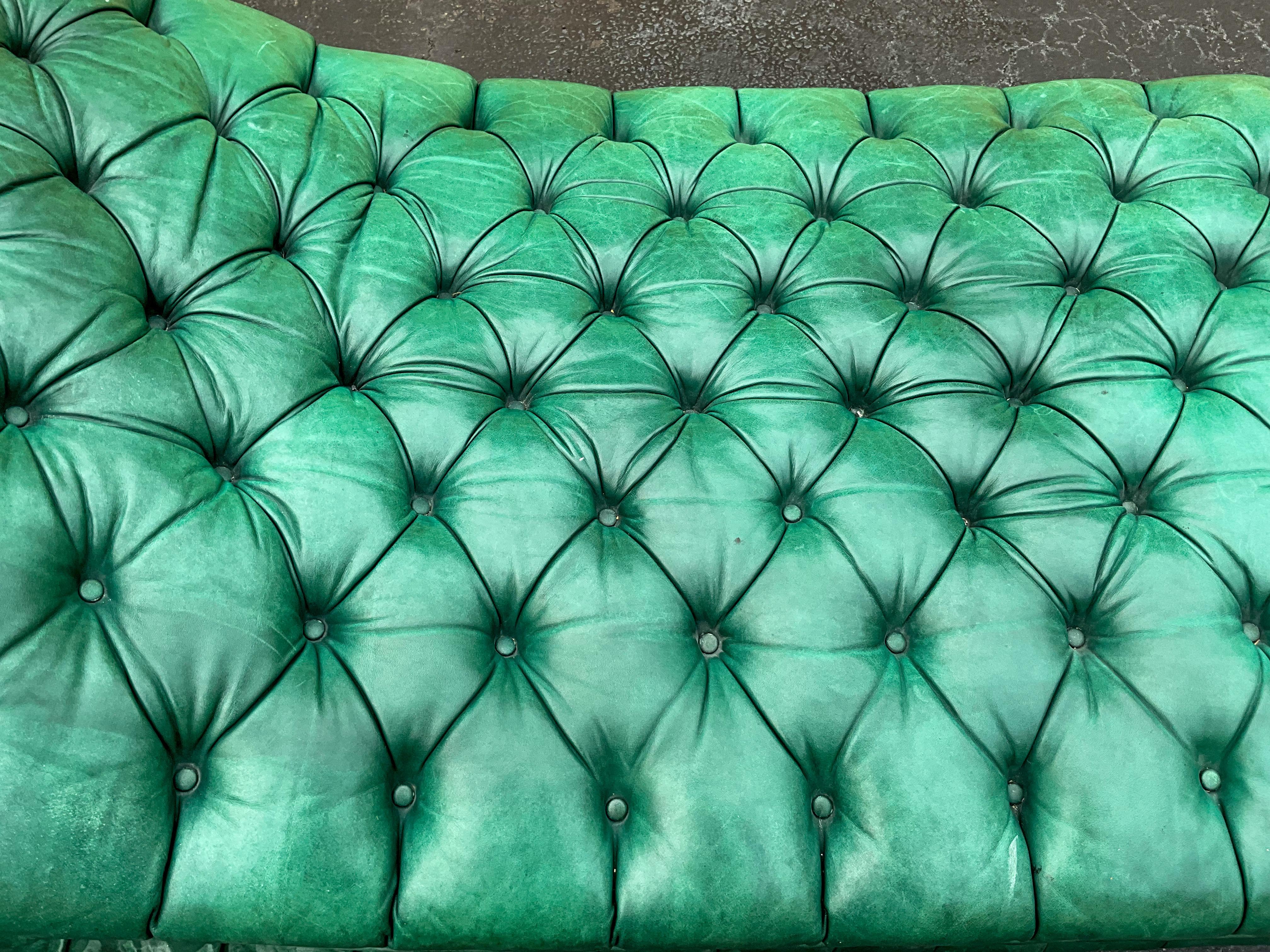 20th Century Early 20th-C. Empire Style Tufted Green Leather Chaise  / Sofa / Recamier