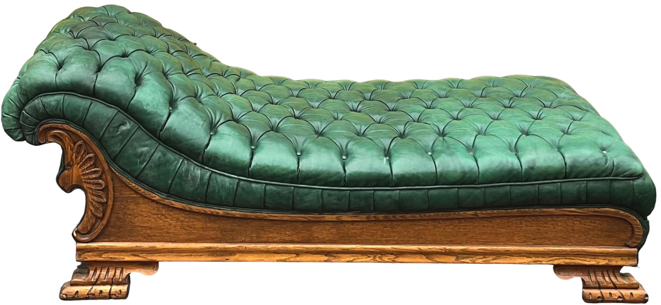 Early 20th-C. Empire Style Tufted Green Leather Chaise  / Sofa / Recamier 1