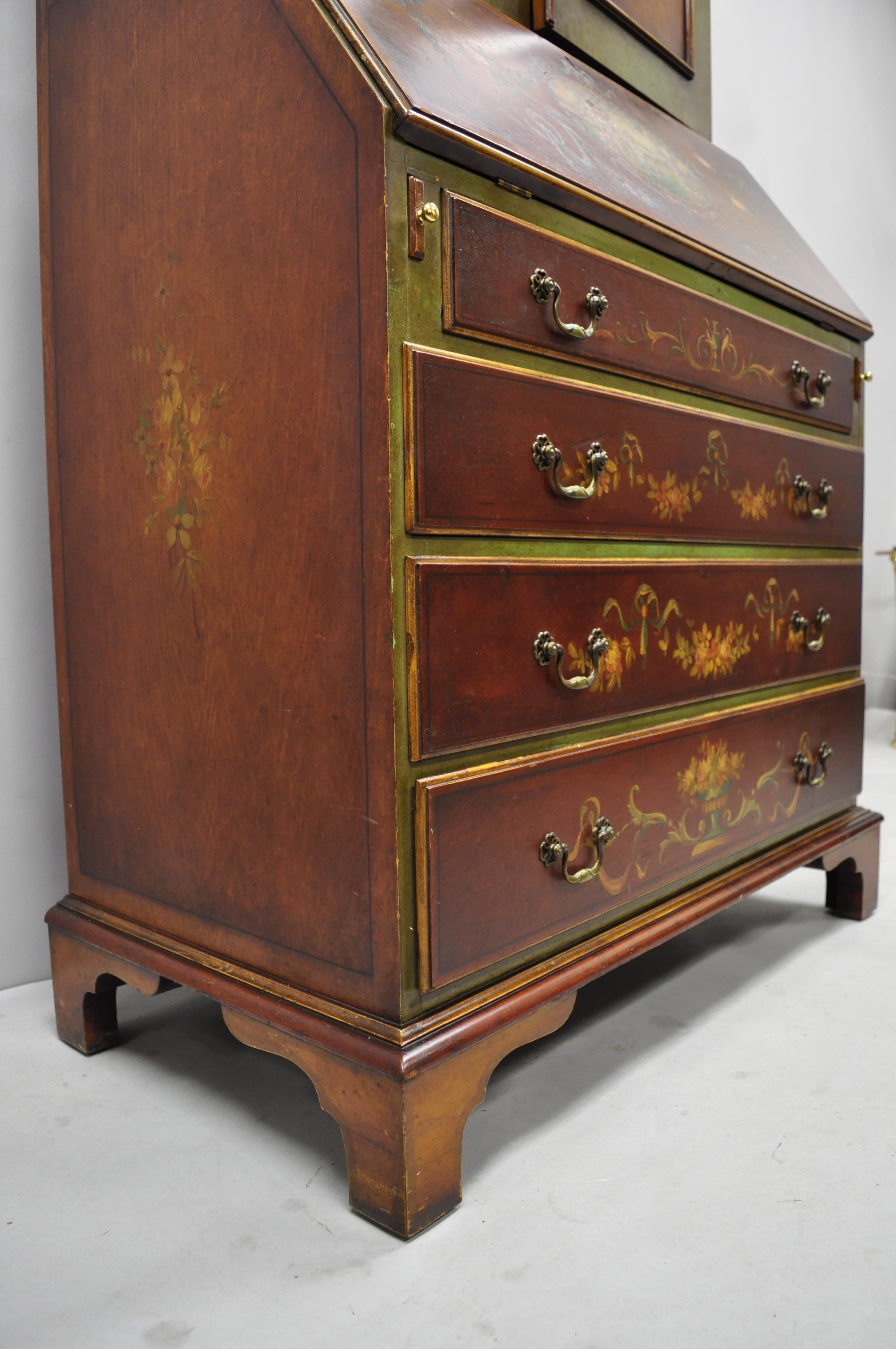 20th Century English Adams Style Hand Painted Double Bonnet Top Secretary Desk For Sale 1
