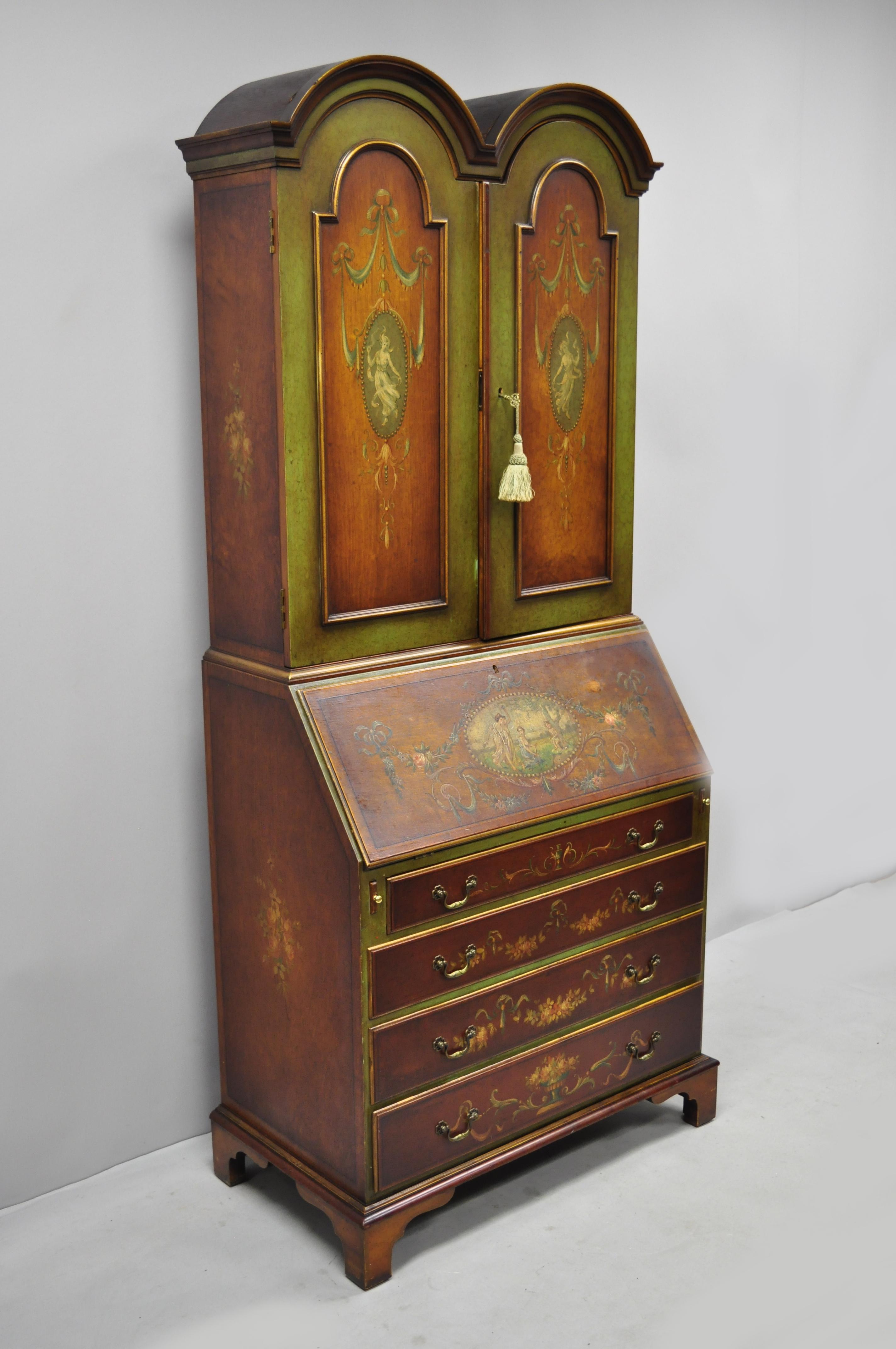 Early 20th century English Adams style hand painted double bonnet top secretary desk. Item features double bonnet top, hand painted figural scenes to the front and sides, 2 swings, working lock and key, 4 dovetailed drawers, 2 wooden shelves, solid