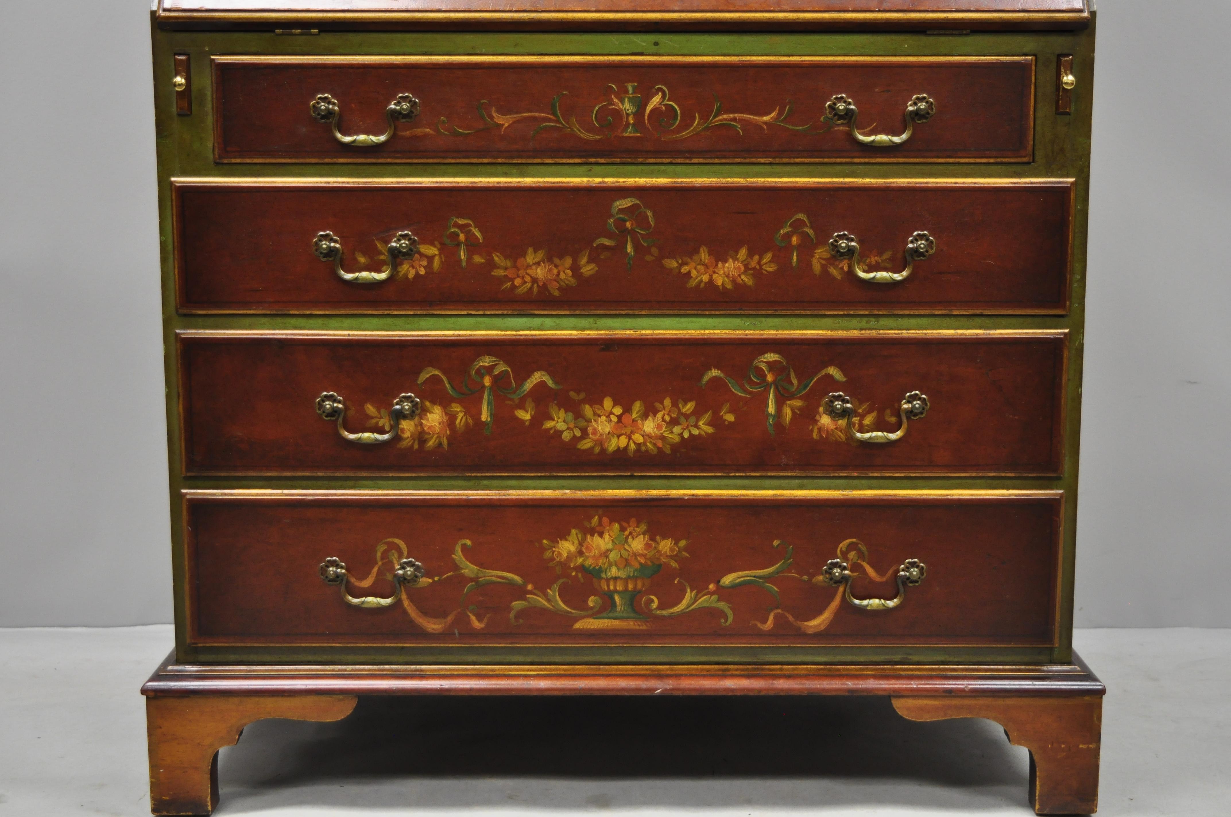 North American 20th Century English Adams Style Hand Painted Double Bonnet Top Secretary Desk For Sale
