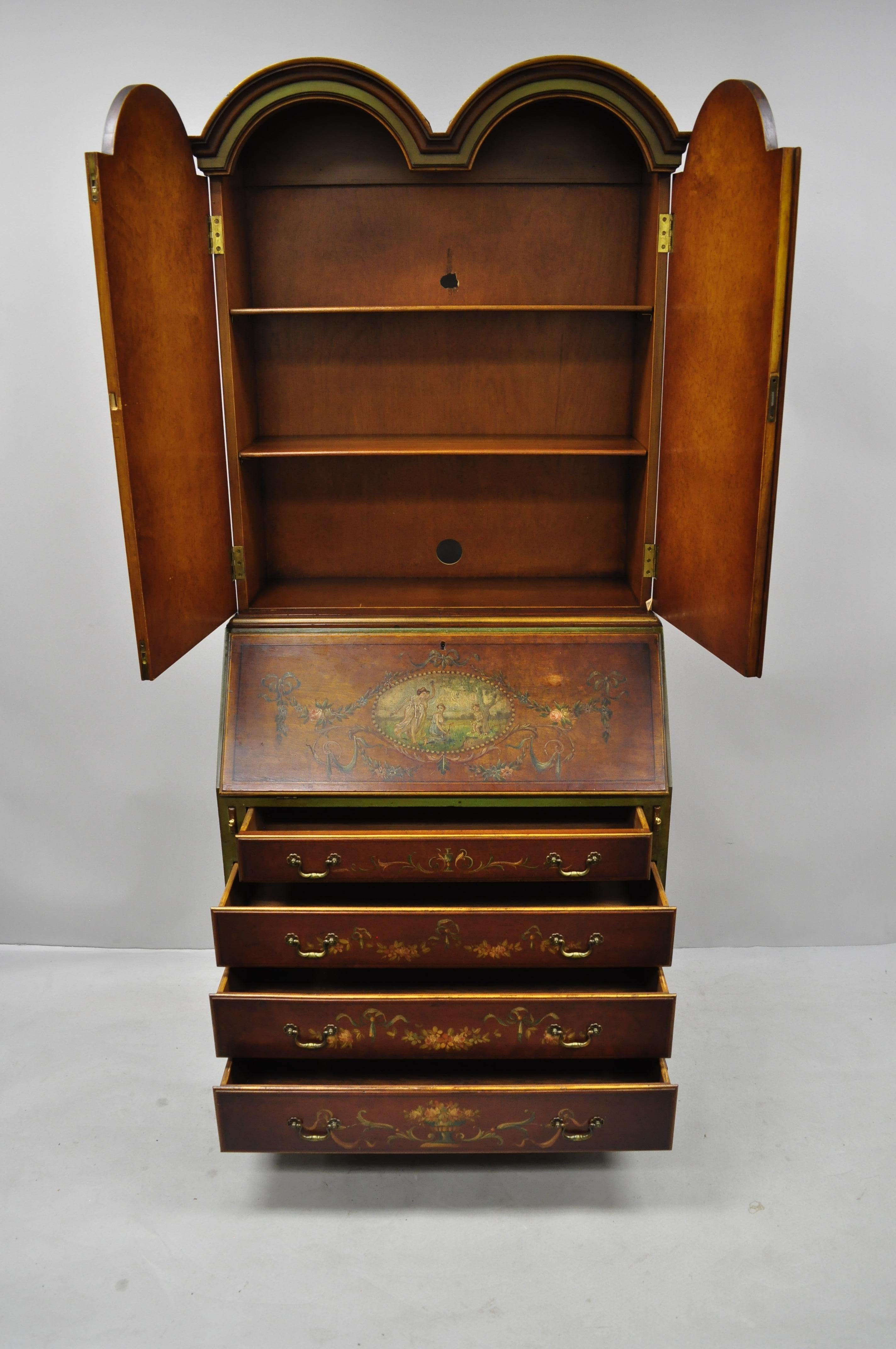 20th Century English Adams Style Hand Painted Double Bonnet Top Secretary Desk In Good Condition For Sale In Philadelphia, PA