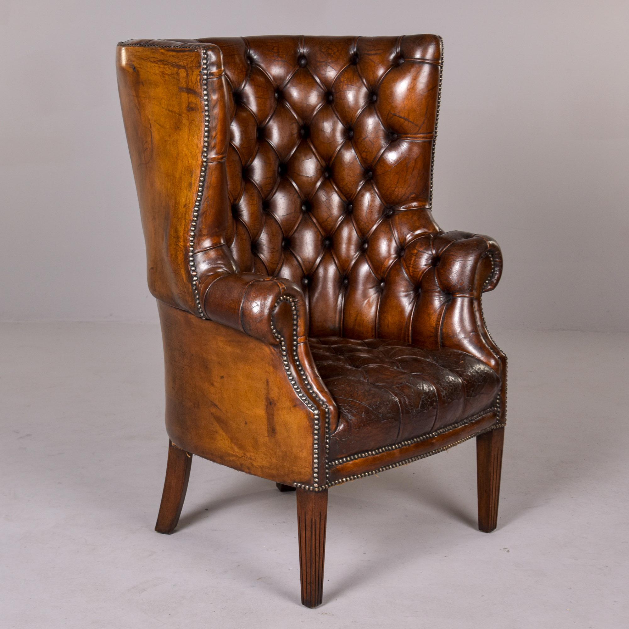 Early 20th C English Button Tufted Leather Wing Back Library Chair For Sale 4