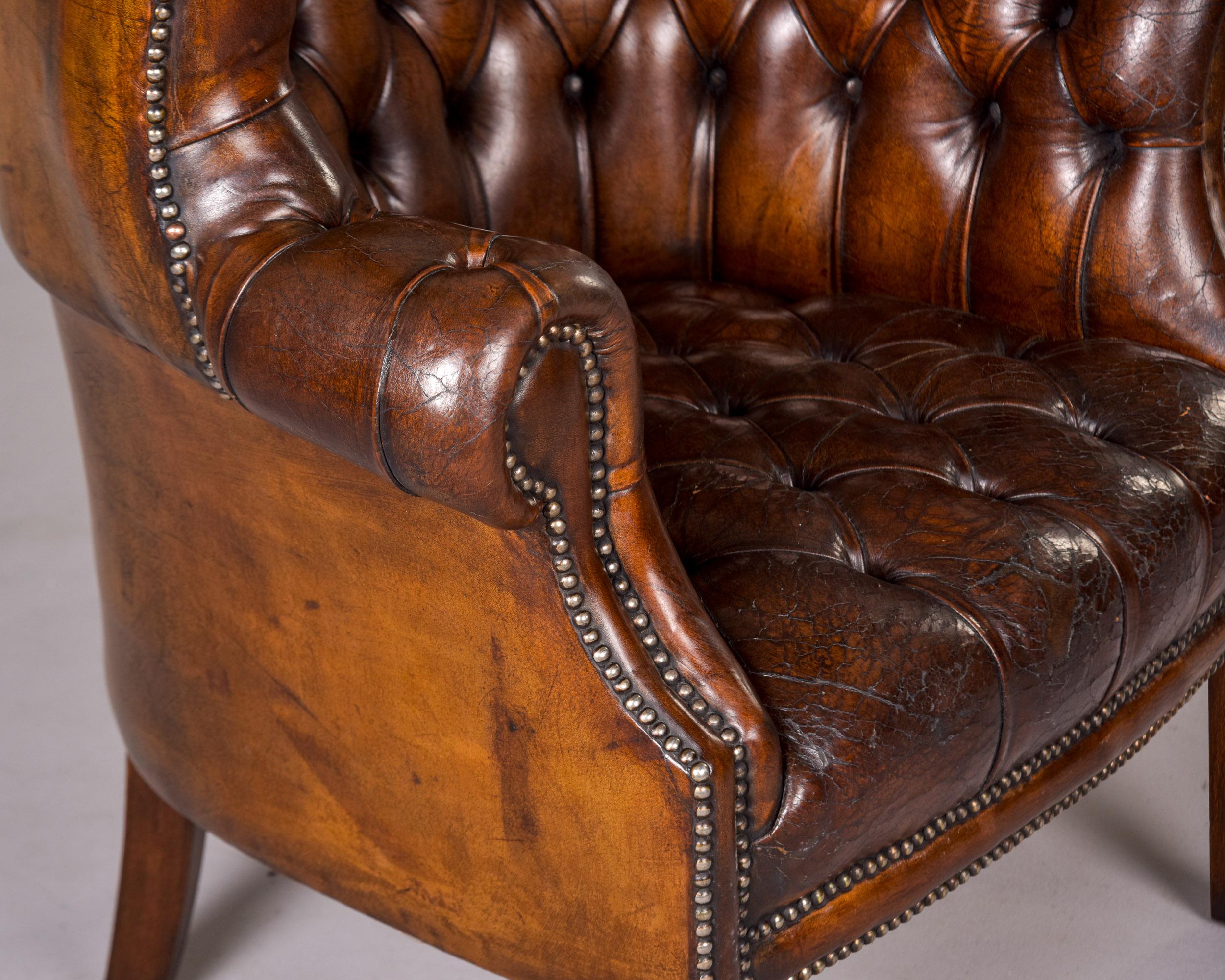 Early 20th C English Button Tufted Leather Wing Back Library Chair For Sale 5