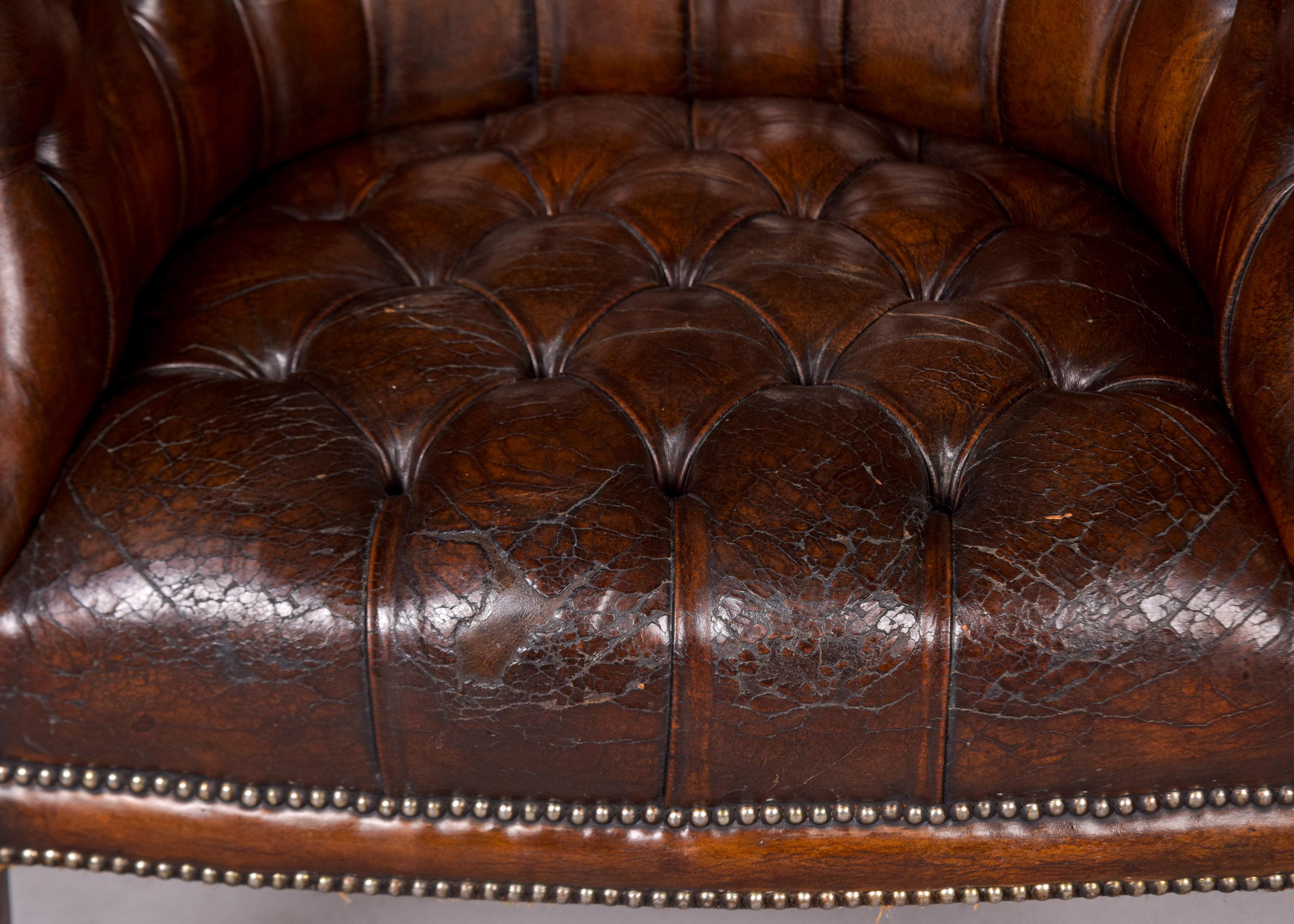 Early 20th C English Button Tufted Leather Wing Back Library Chair For Sale 6