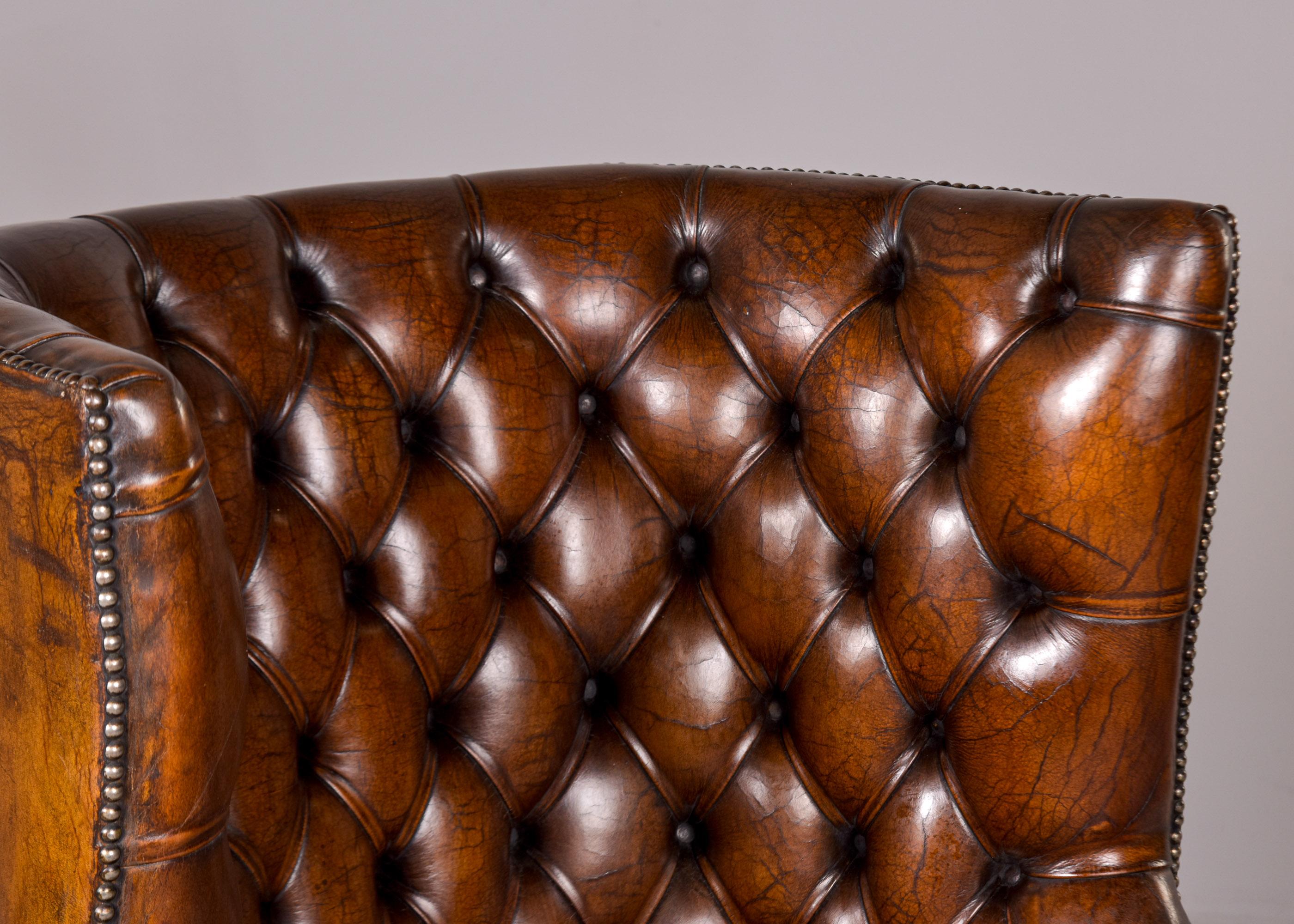 Early 20th C English Button Tufted Leather Wing Back Library Chair For Sale 7