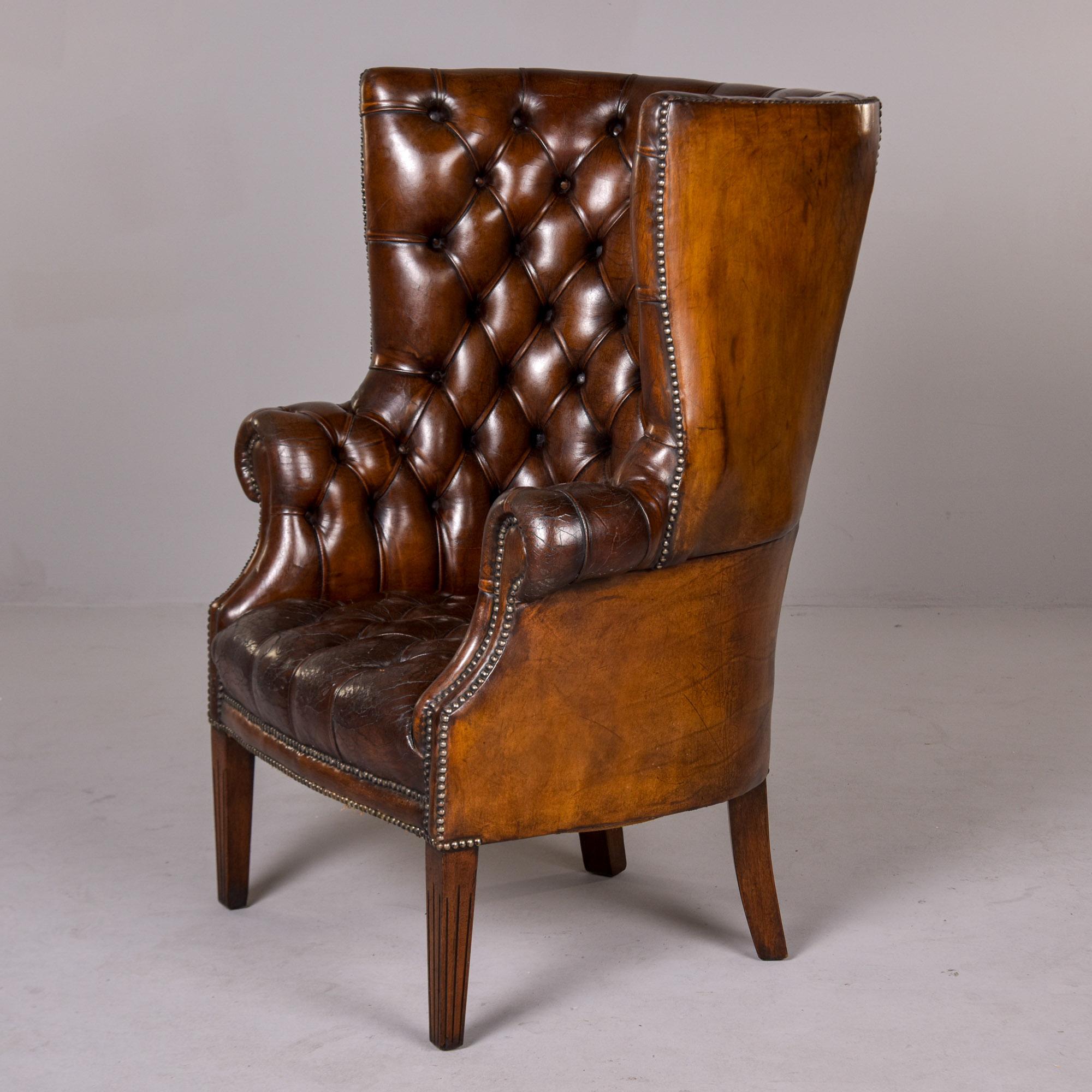 Early 20th C English Button Tufted Leather Wing Back Library Chair In Good Condition For Sale In Troy, MI