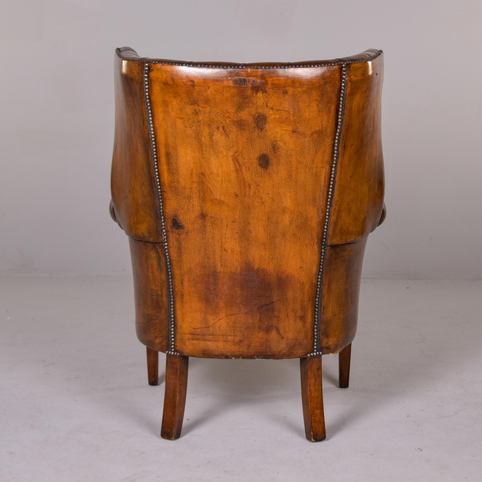 Early 20th C English Button Tufted Leather Wing Back Library Chair For Sale 1