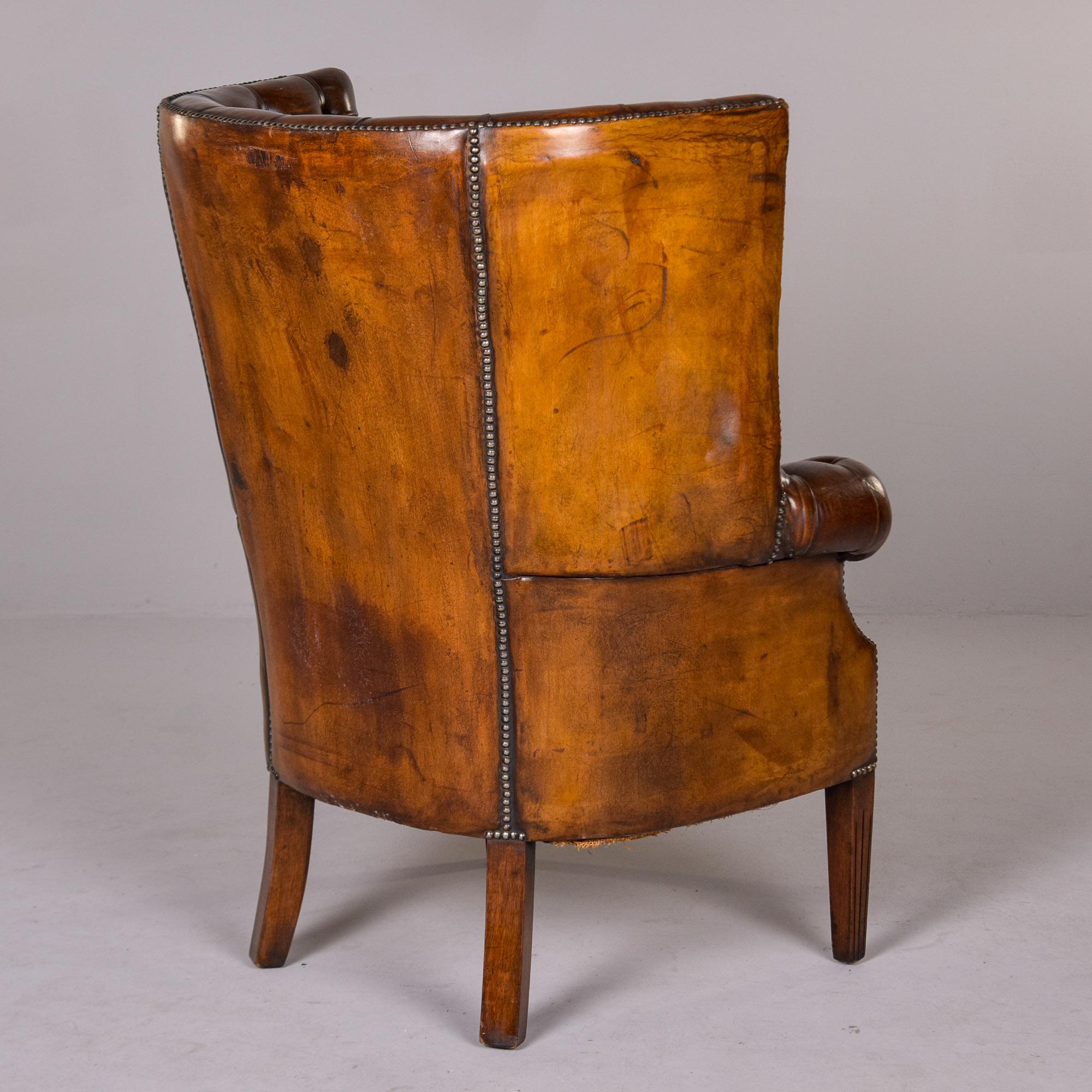 Early 20th C English Button Tufted Leather Wing Back Library Chair For Sale 2