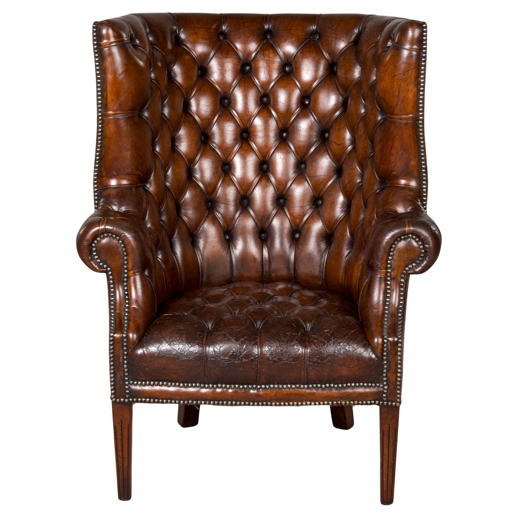Early 20th C English Button Tufted Leather Wing Back Library Chair