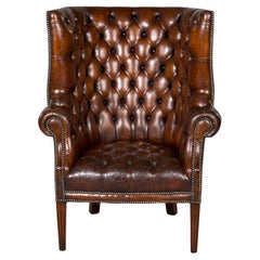 Early 20th C English Button Tufted Leather Wing Back Library Chair