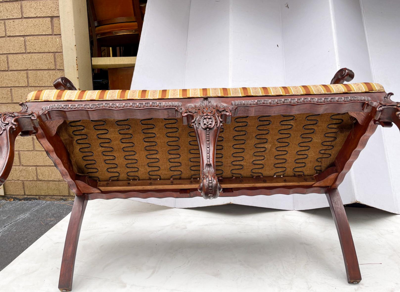 20th Century Early 20th-C. English Chinese Chippendale Style Carved Mahogany Settee / Bench  For Sale