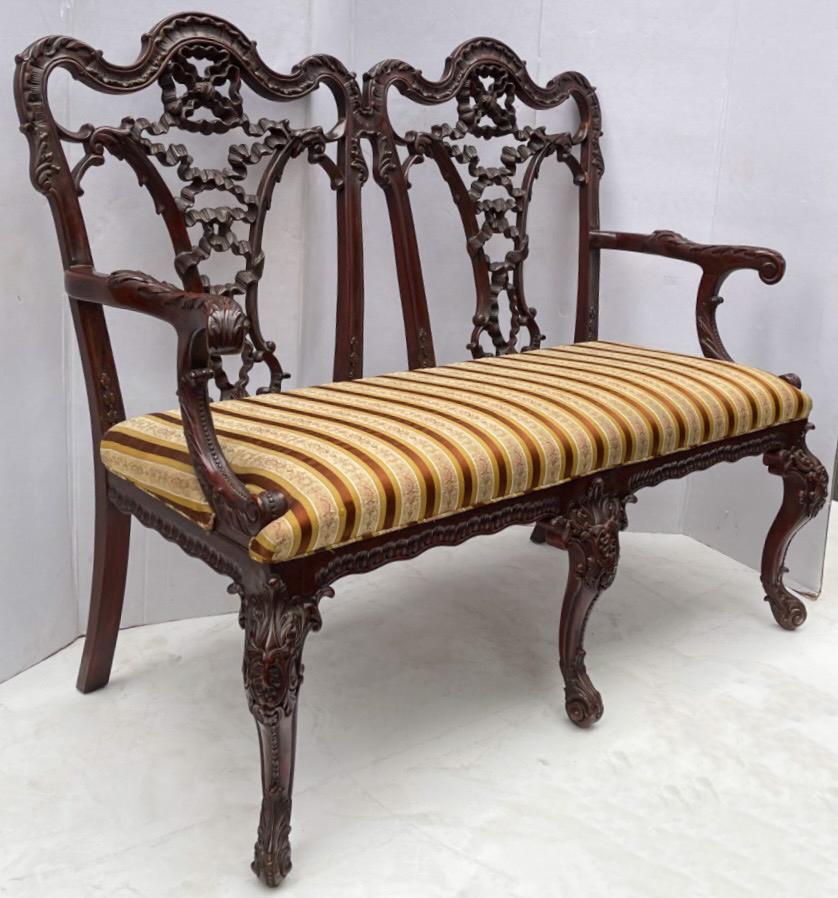 Upholstery Early 20th-C. English Chinese Chippendale Style Carved Mahogany Settee / Bench  For Sale