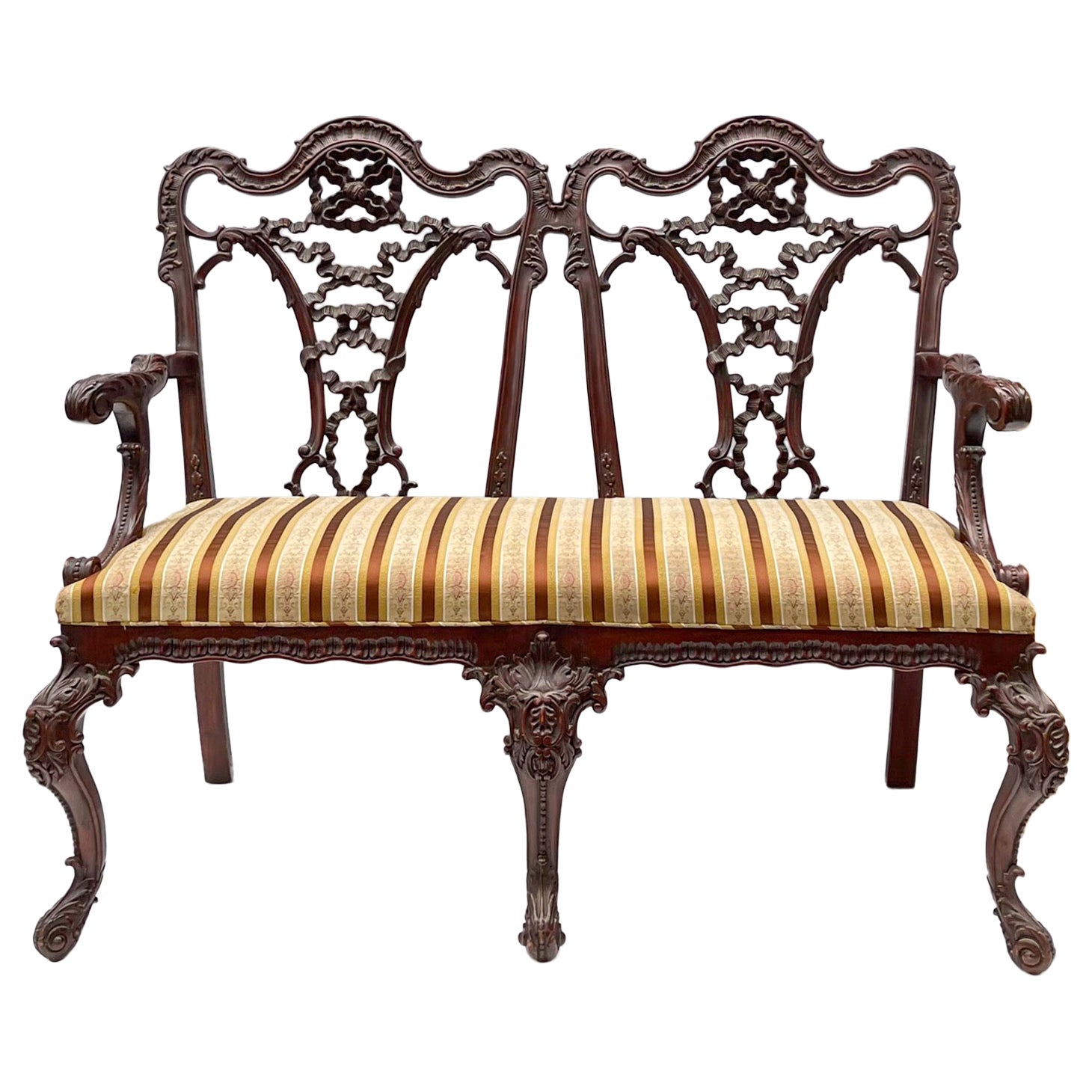 Principios del siglo XX Sillón / Banco Inglés Chino de Caoba Tallada Estilo Chippendale