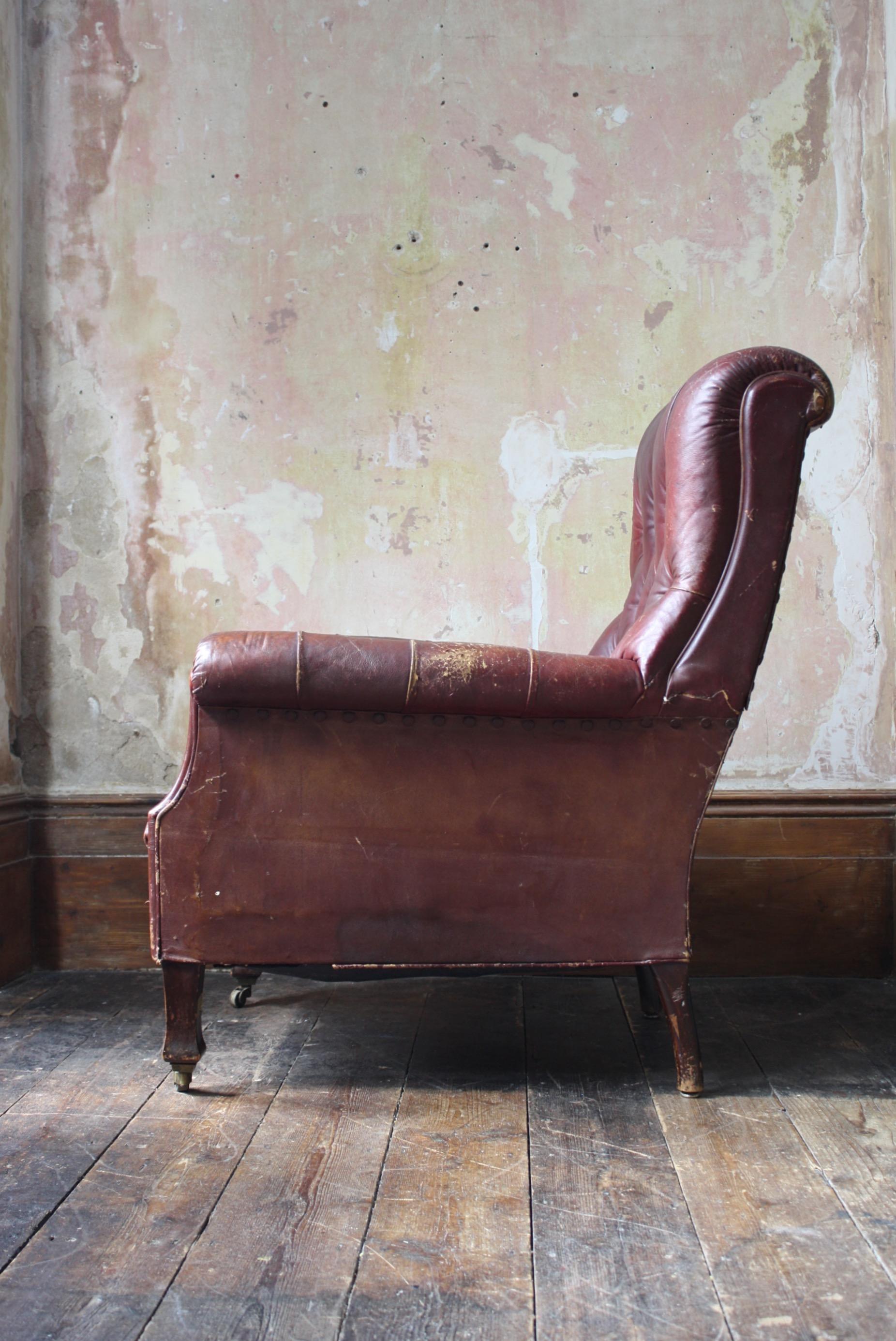 Early 20th C English Country House Style Red Maroon Leather Buttoned Armchair For Sale 2