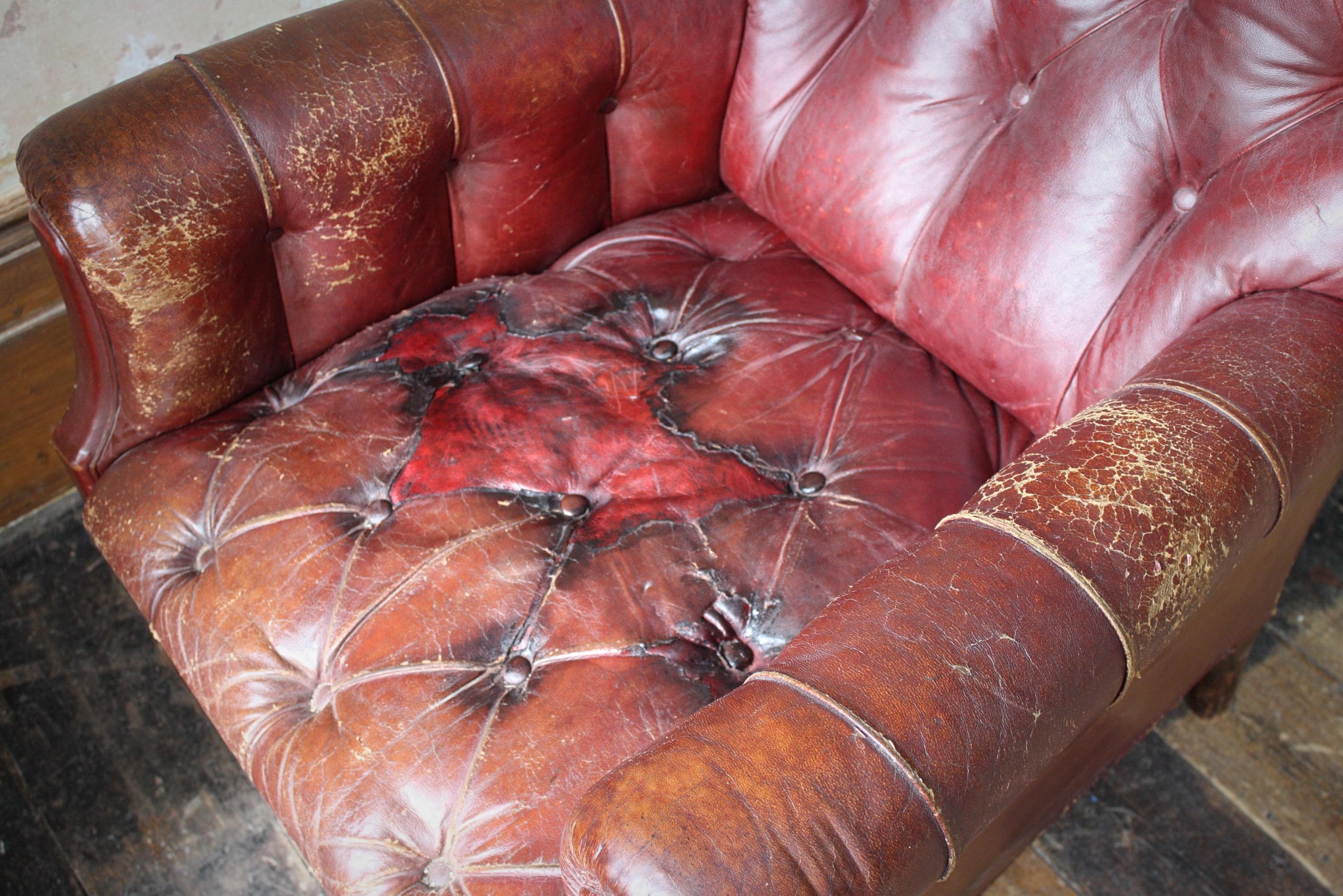 Sillón abotonado de cuero rojo granate estilo casa de campo inglesa de principios del siglo XX 3