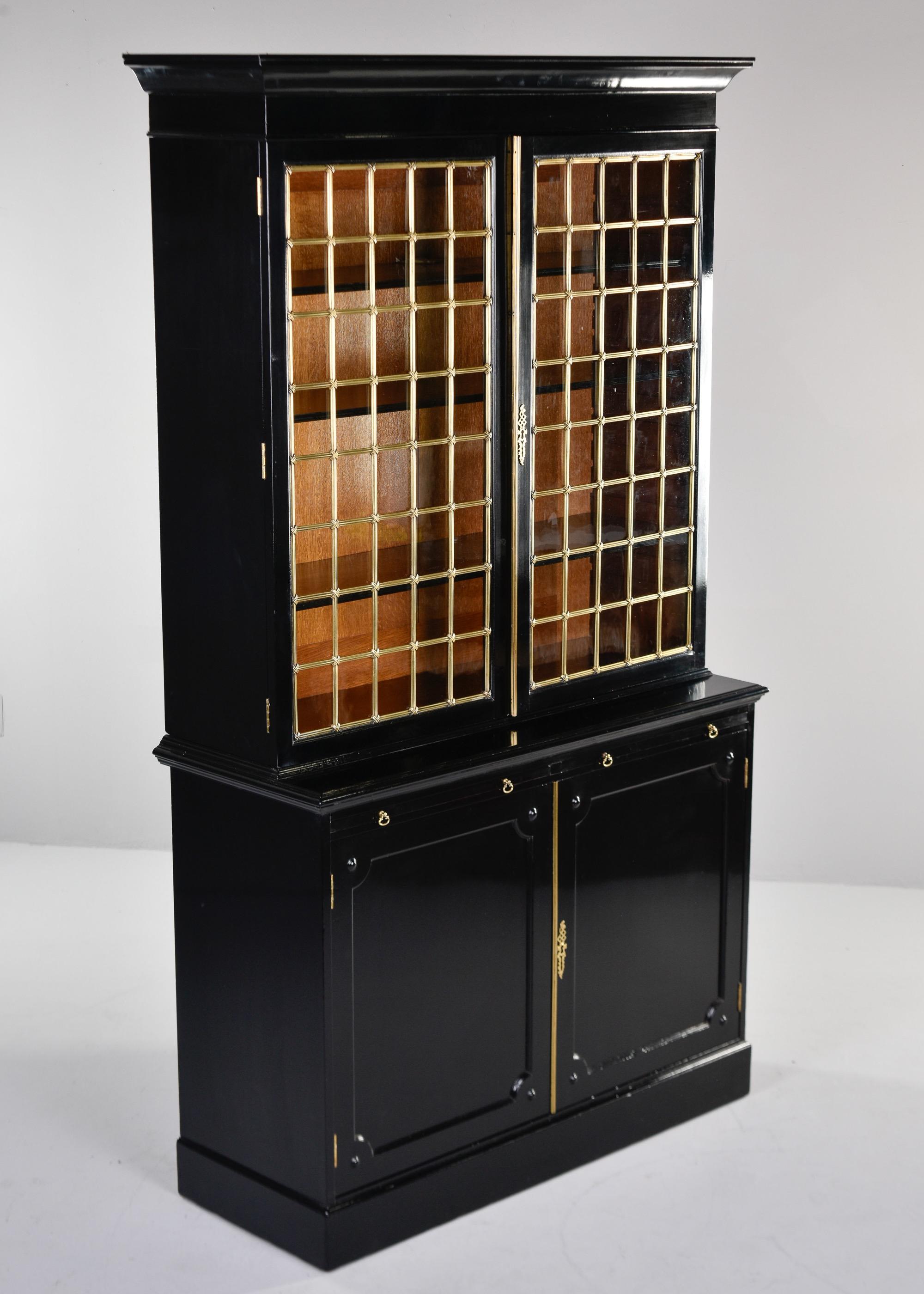 Early 20th C English Ebonised Mahogany Bookcase with Brass Grill & Leaded Glass For Sale 8