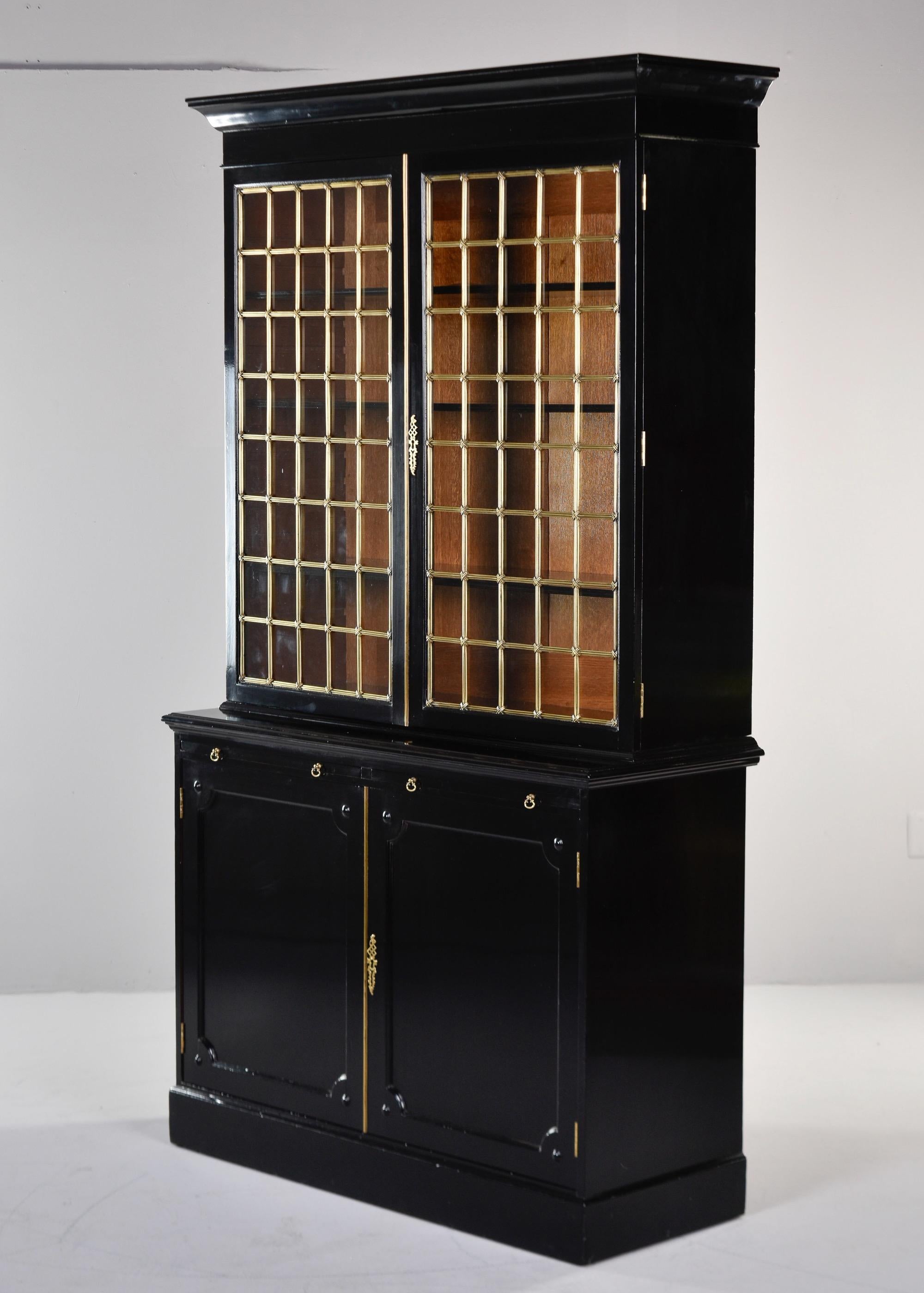 Early 20th C English Ebonised Mahogany Bookcase with Brass Grill & Leaded Glass For Sale 10