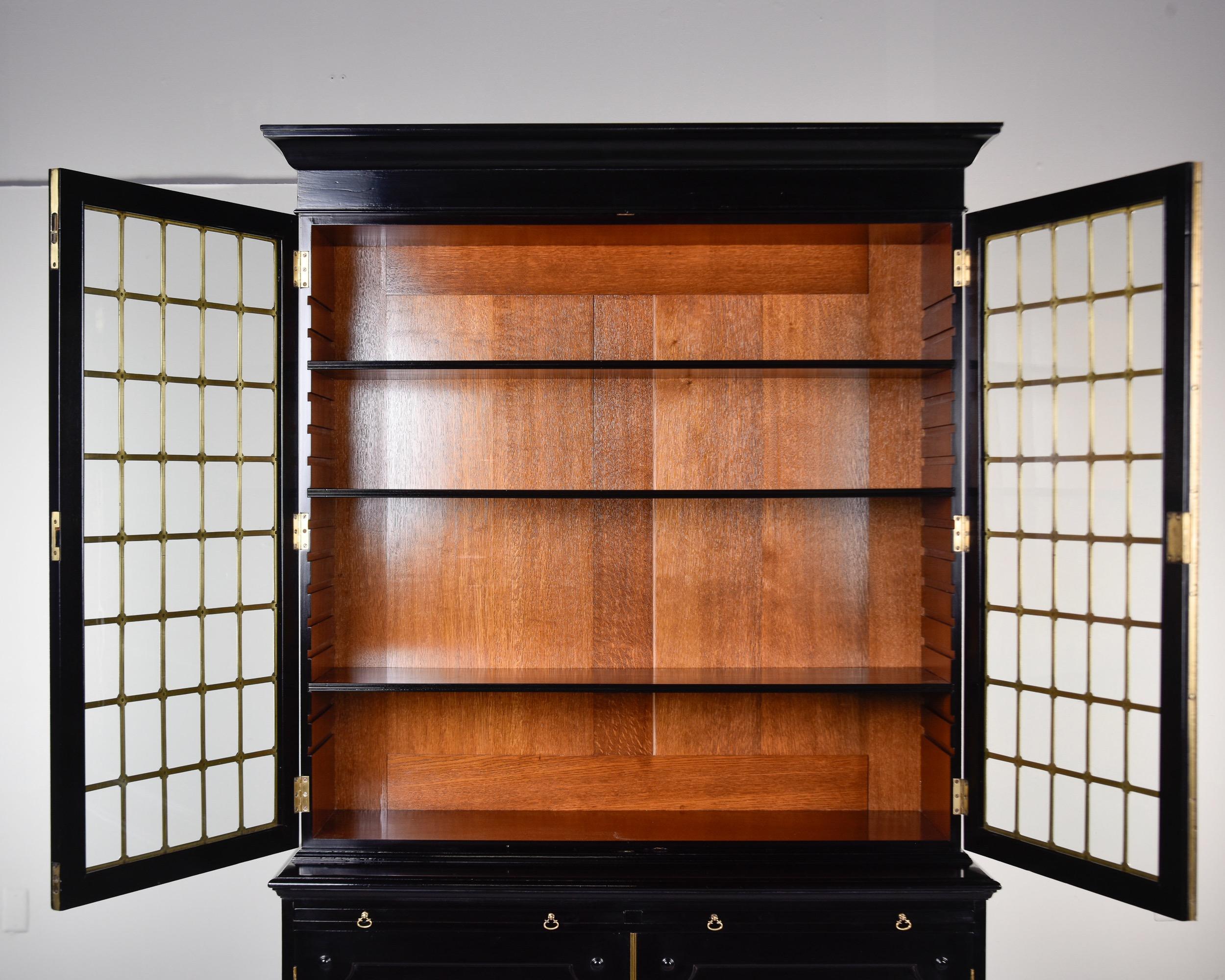 Ebonized Early 20th C English Ebonised Mahogany Bookcase with Brass Grill & Leaded Glass For Sale