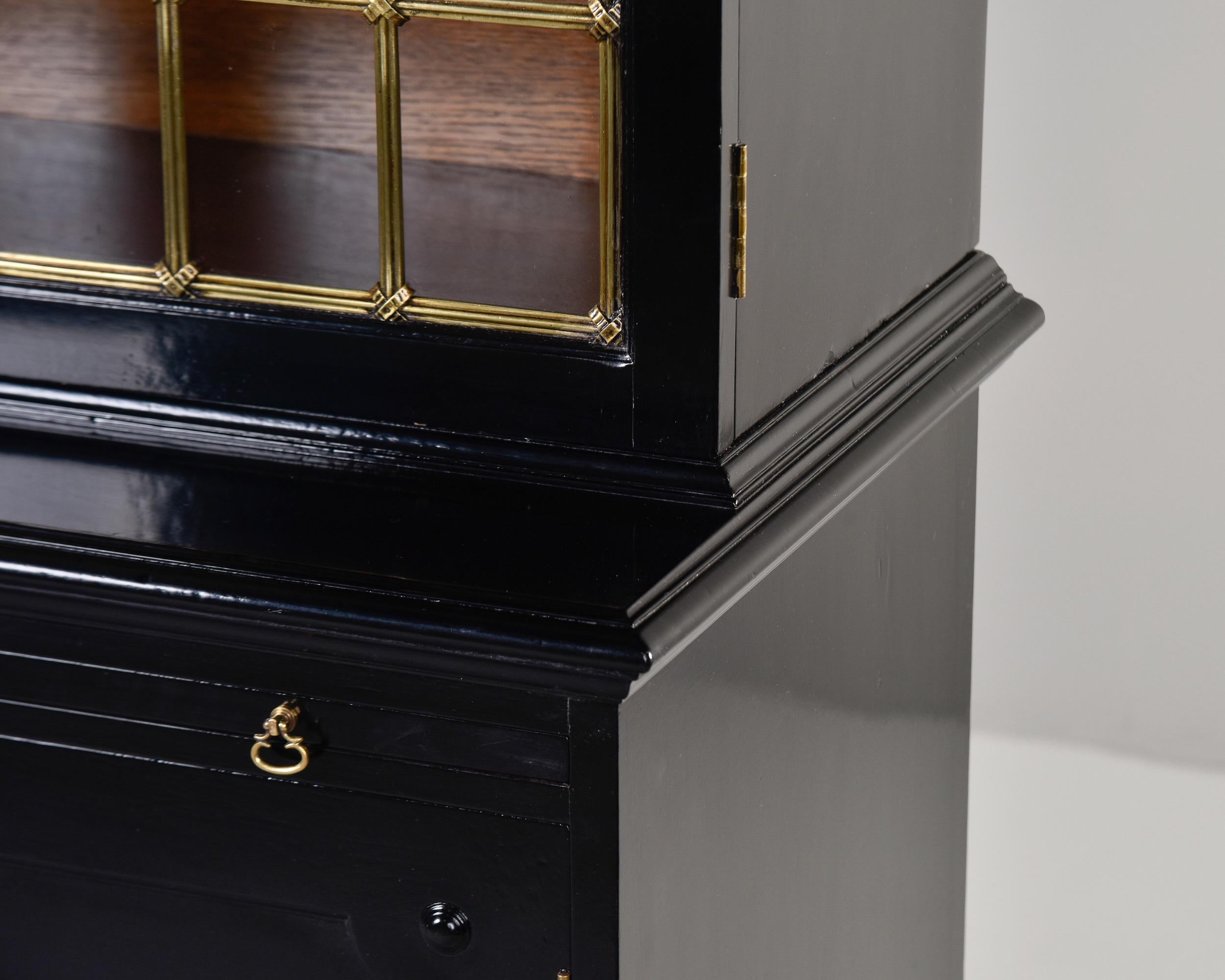 Early 20th C English Ebonised Mahogany Bookcase with Brass Grill & Leaded Glass For Sale 2