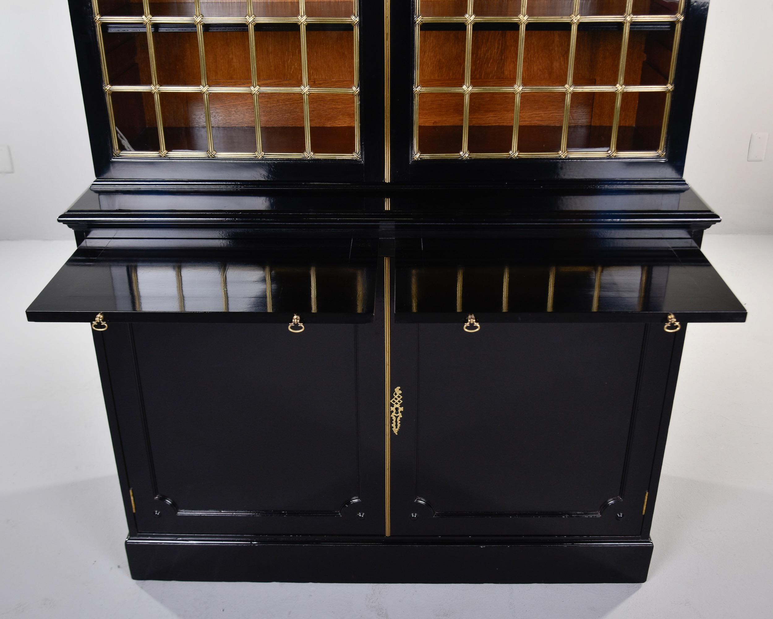 Early 20th C English Ebonised Mahogany Bookcase with Brass Grill & Leaded Glass For Sale 3