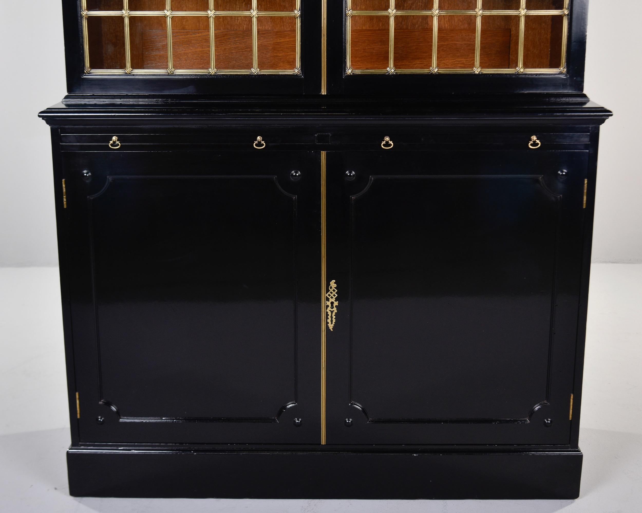Early 20th C English Ebonised Mahogany Bookcase with Brass Grill & Leaded Glass For Sale 4