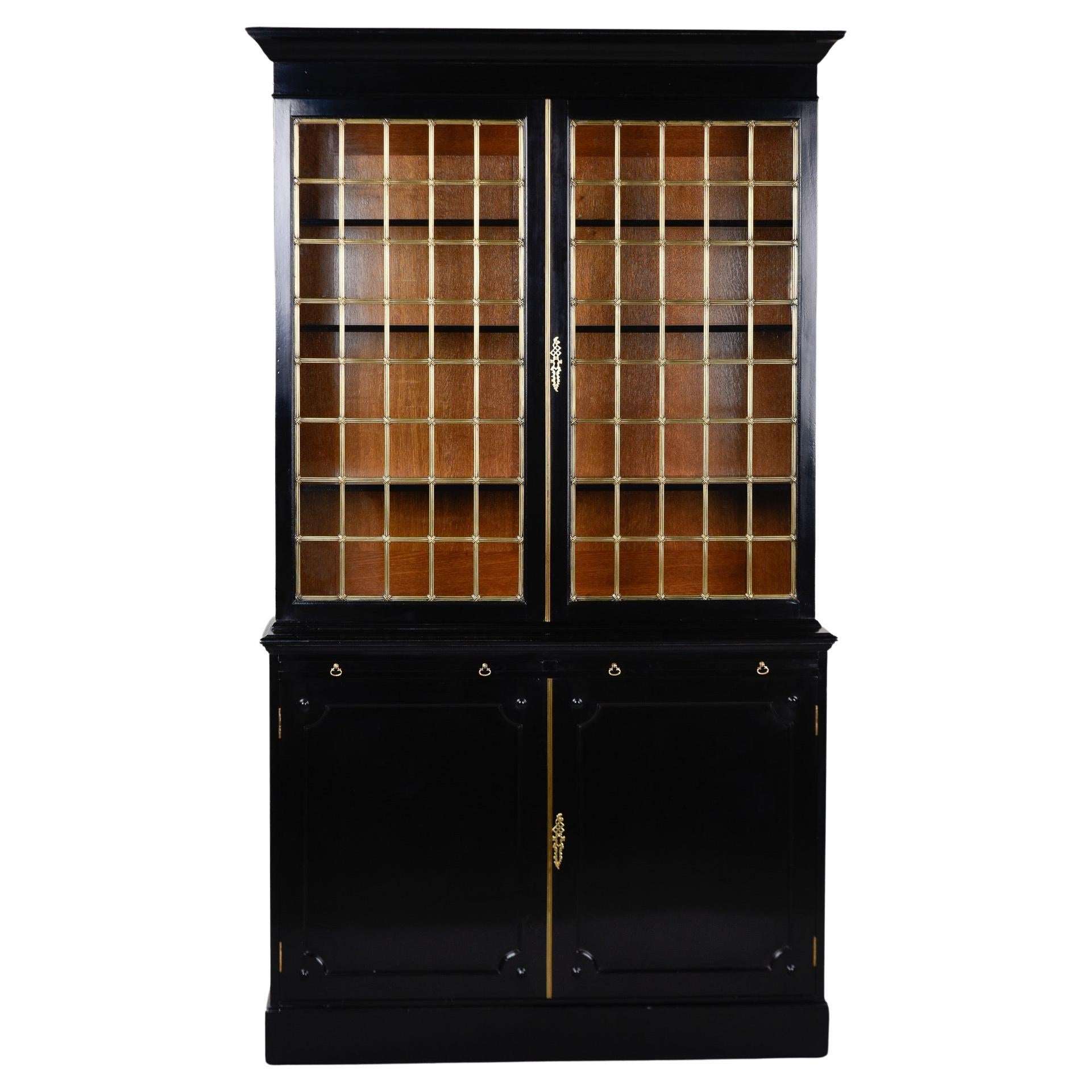 Early 20th C English Ebonised Mahogany Bookcase with Brass Grill & Leaded Glass For Sale