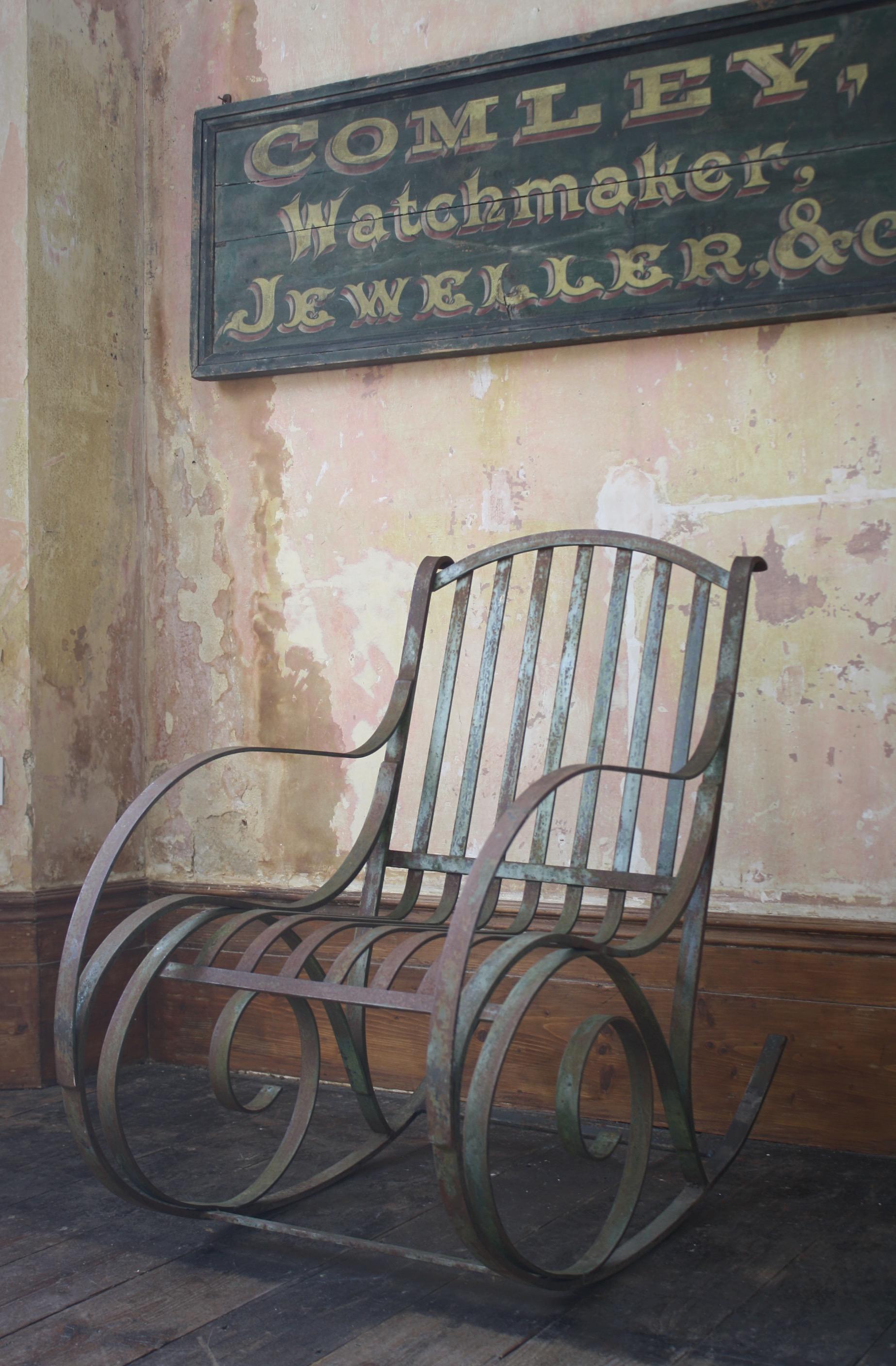 Early 20th C English Estate Made Wrought Iron Strap Work Garden Rocking Chair   3