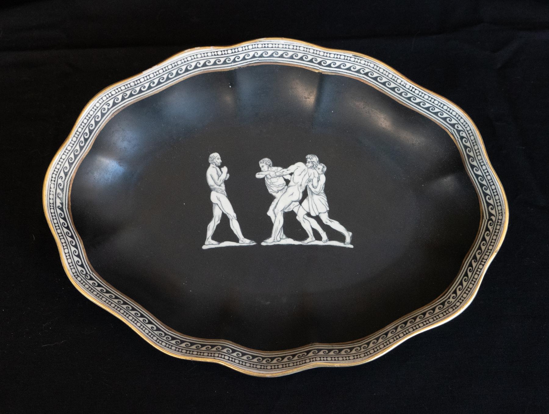 Gold Leaf Early 20th C. English Foilate Oval Form Plate with Classic Greco Roman Wrestlers For Sale