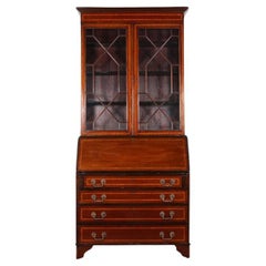 Antique Early 20th C. English Inlaid Mahogany Bureau Bookcase