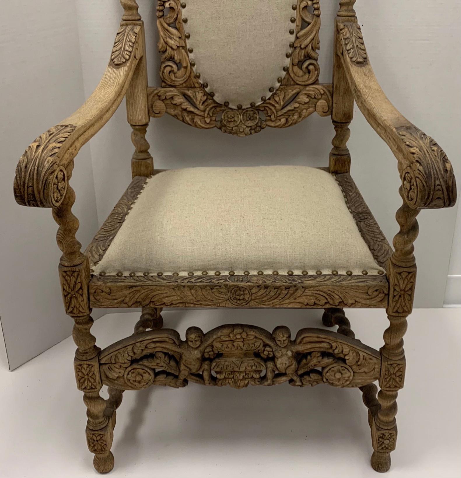 Early 20th C. English Jacobean Style Bleached Carved Oak Arm Chair in Linen In Good Condition In Kennesaw, GA