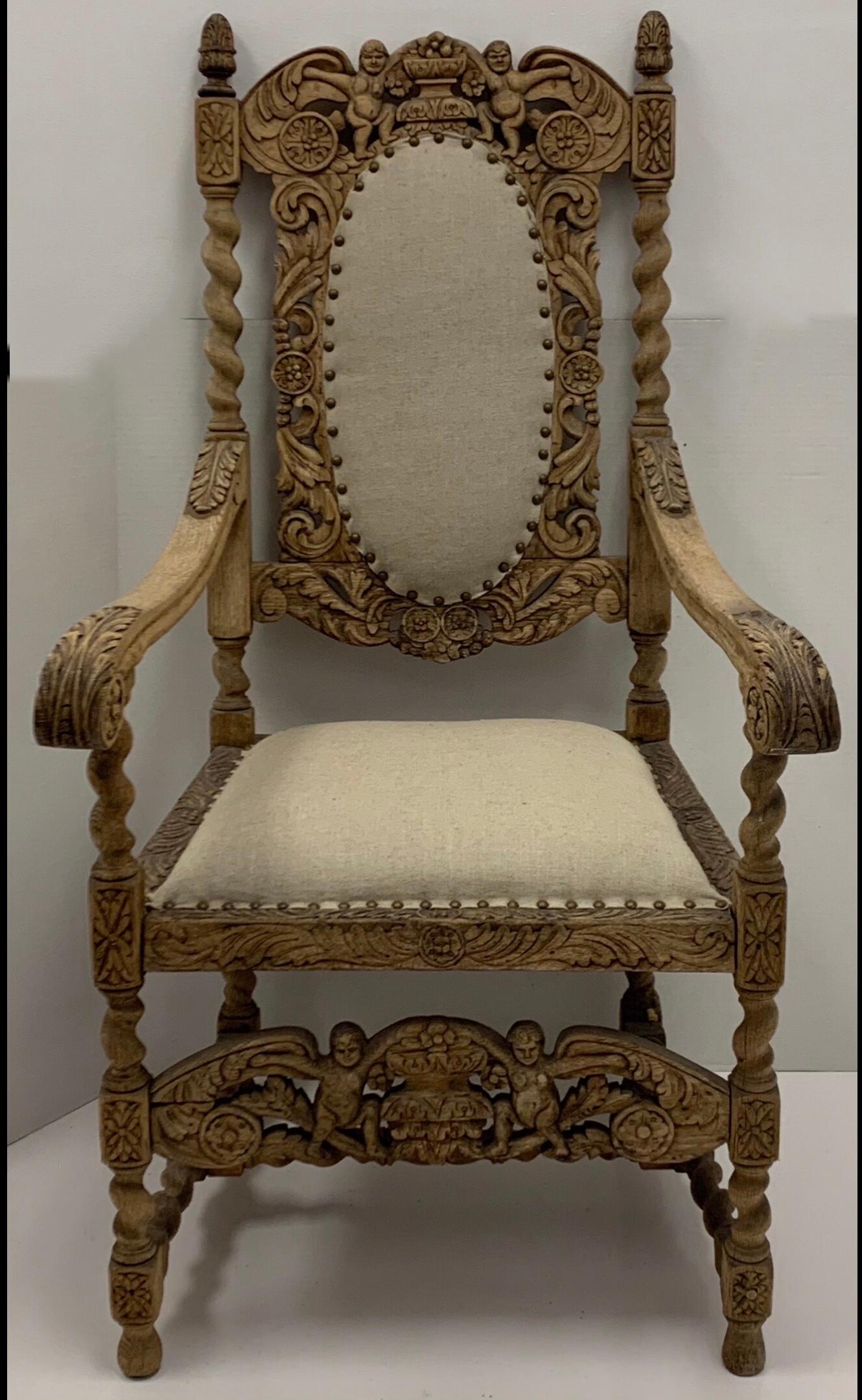 20th Century Early 20th C. English Jacobean Style Bleached Carved Oak Arm Chair in Linen