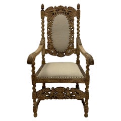 Early 20th C. English Jacobean Style Bleached Carved Oak Arm Chair in Linen