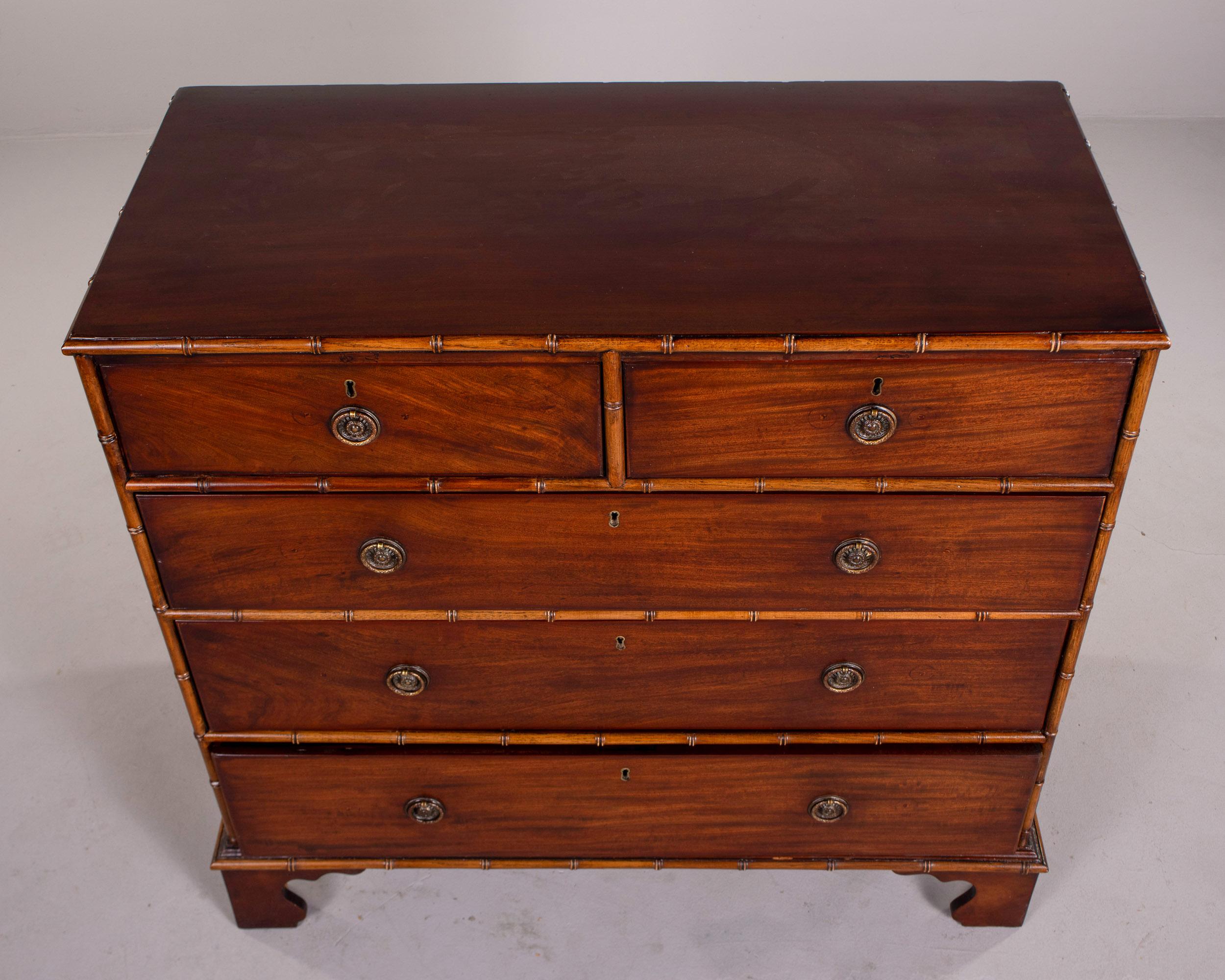 Aesthetic Movement Early 20th C English Mahogany 5 Drawer Chest with Bamboo Trim