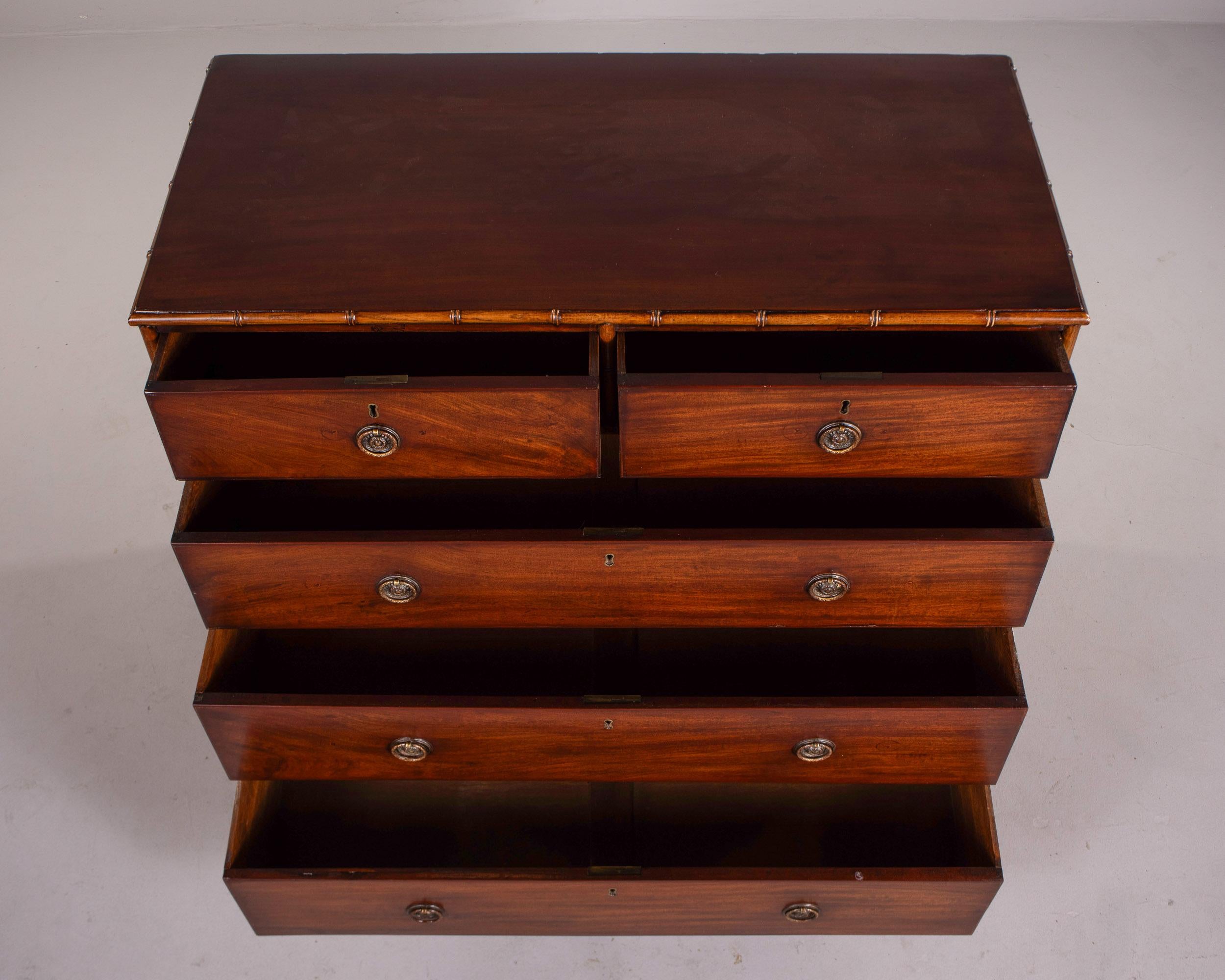 Early 20th C English Mahogany 5 Drawer Chest with Bamboo Trim In Good Condition In Troy, MI