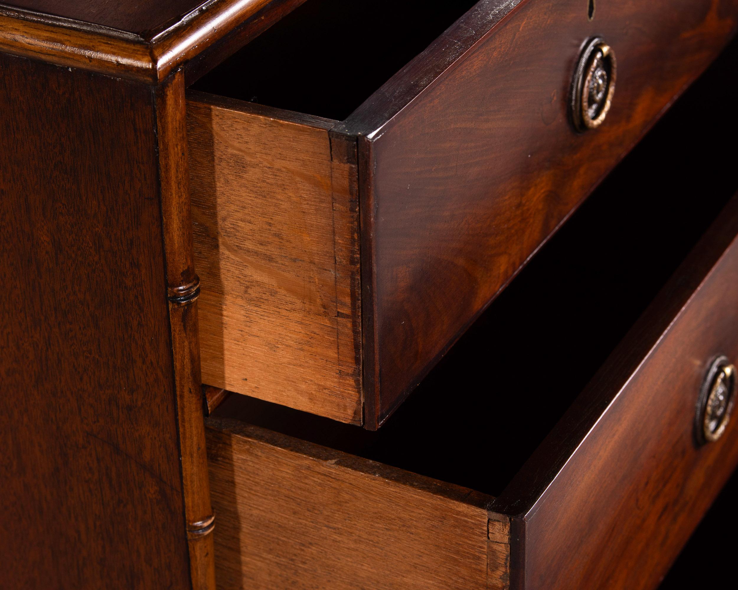 Brass Early 20th C English Mahogany 5 Drawer Chest with Bamboo Trim