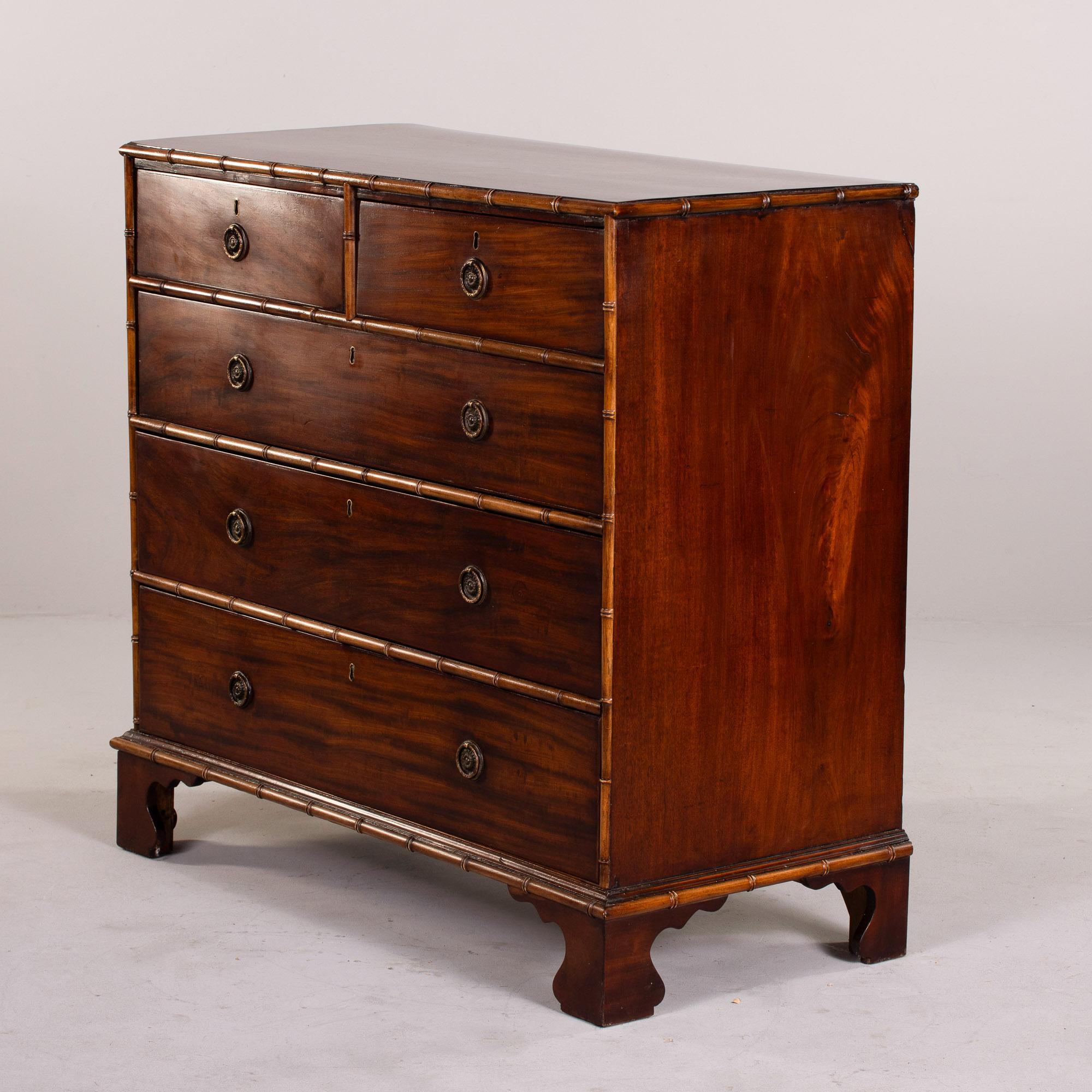 Early 20th C English Mahogany 5 Drawer Chest with Bamboo Trim 1