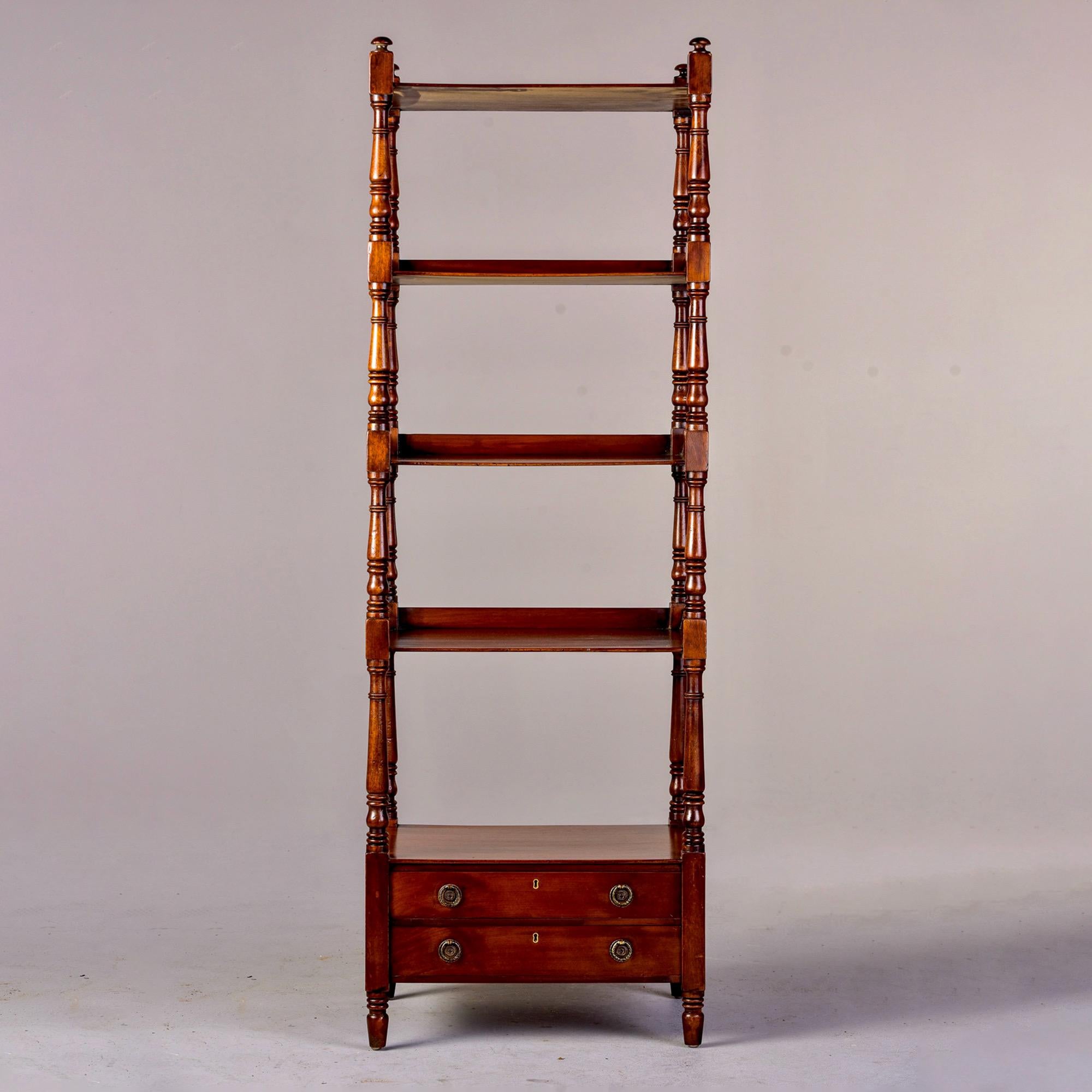 Turned Early 20th C English Mahogany Four Tier Etagere or What Not Shelf