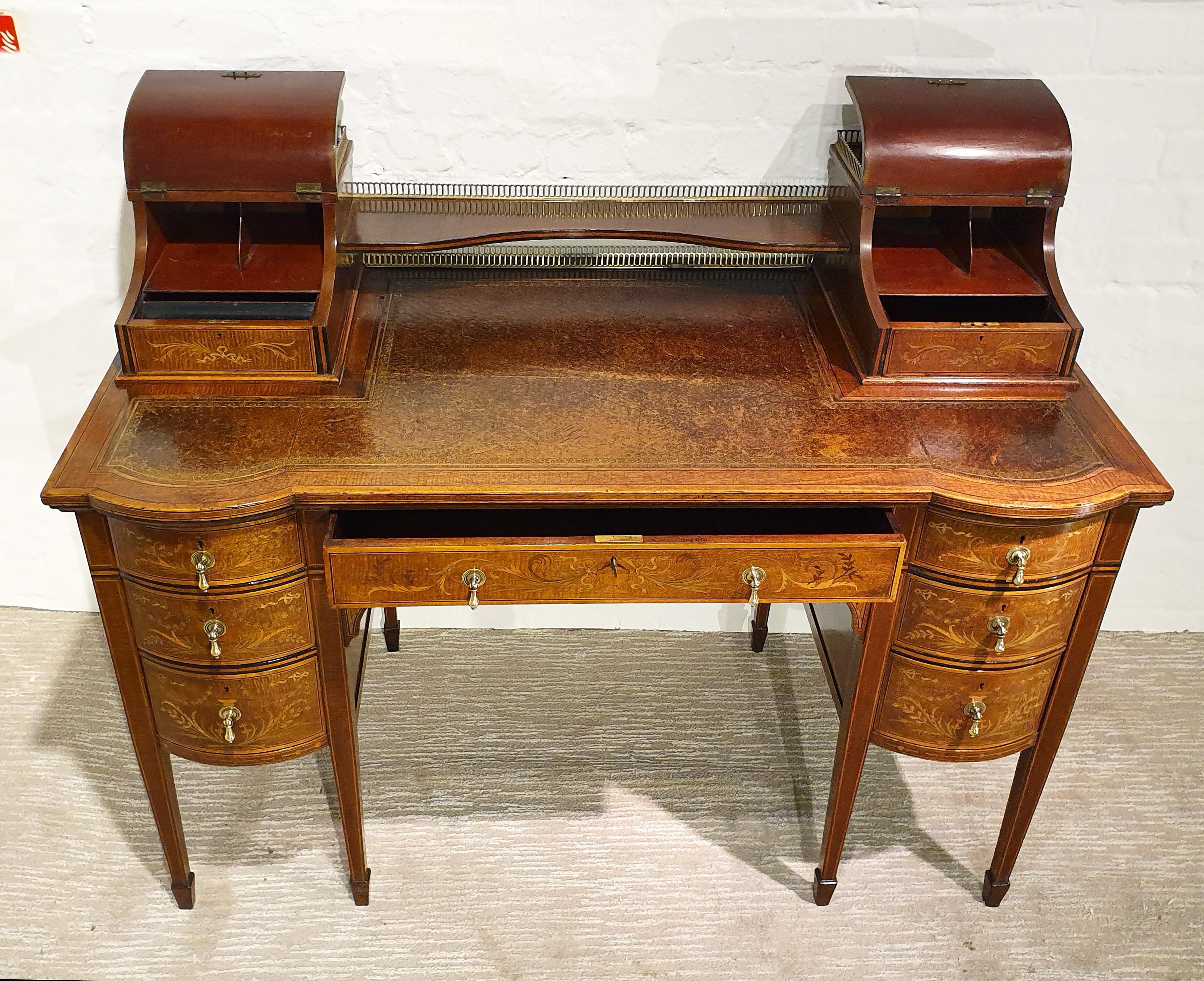 Brass Early 20th Century English Mahogany Inlaid Writing Desk