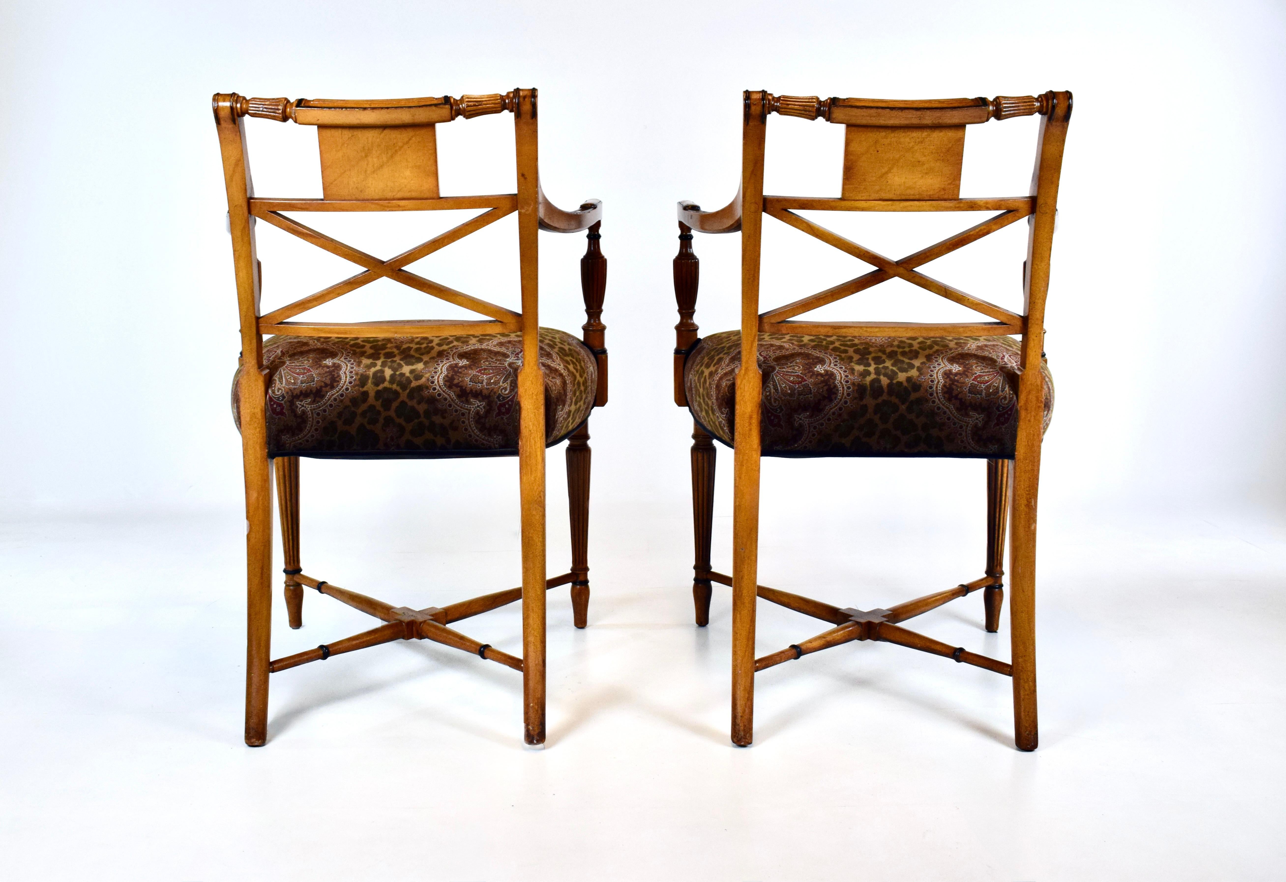 Early 20th C. English Regency Arm Chairs Tallado en venta