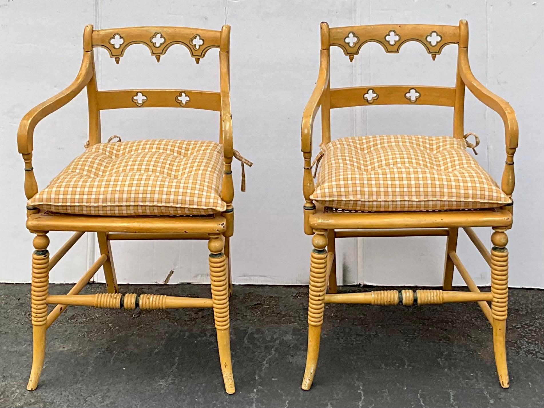 20th Century Early 20th-C. English Regency Style Carved & Painted Cane Bergere Chairs - Pair
