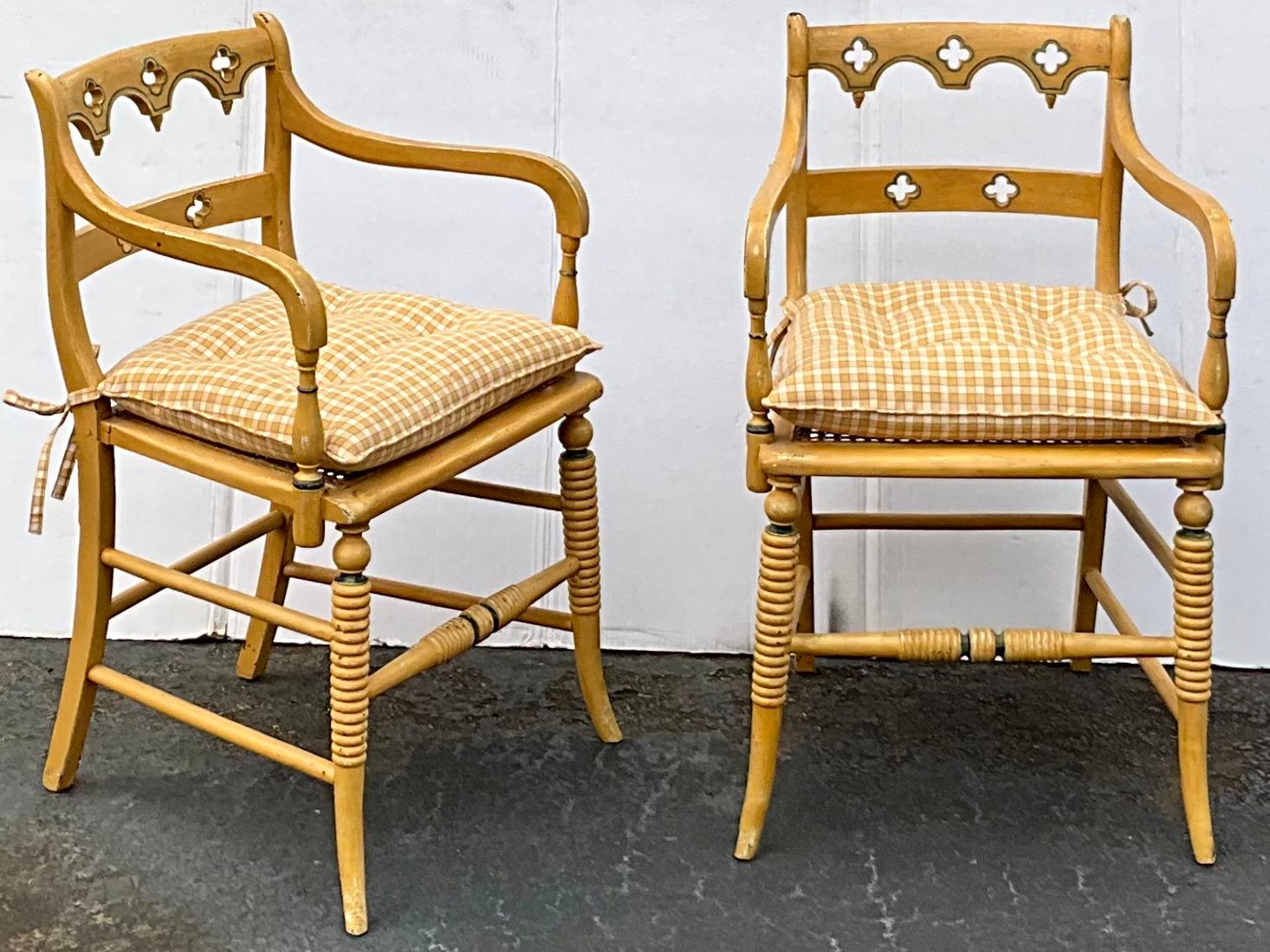 Upholstery Early 20th-C. English Regency Style Carved & Painted Cane Bergere Chairs - Pair