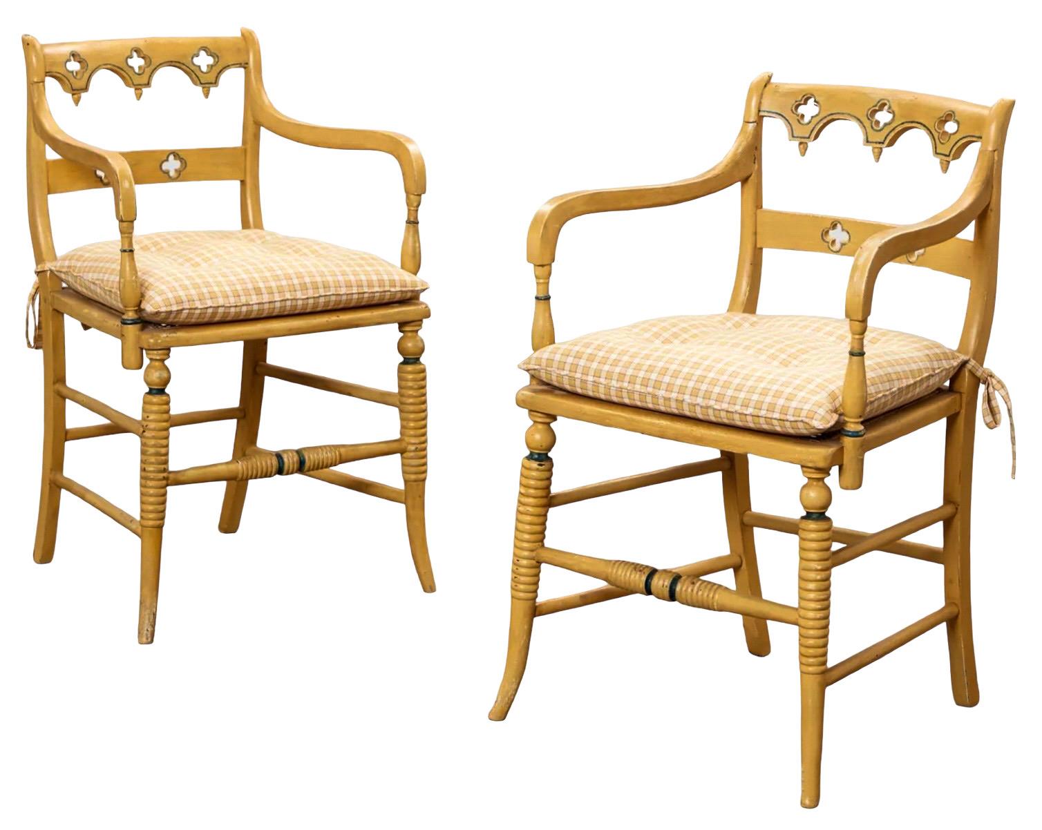 Early 20th-C. English Regency Style Carved & Painted Cane Bergere Chairs - Pair 1