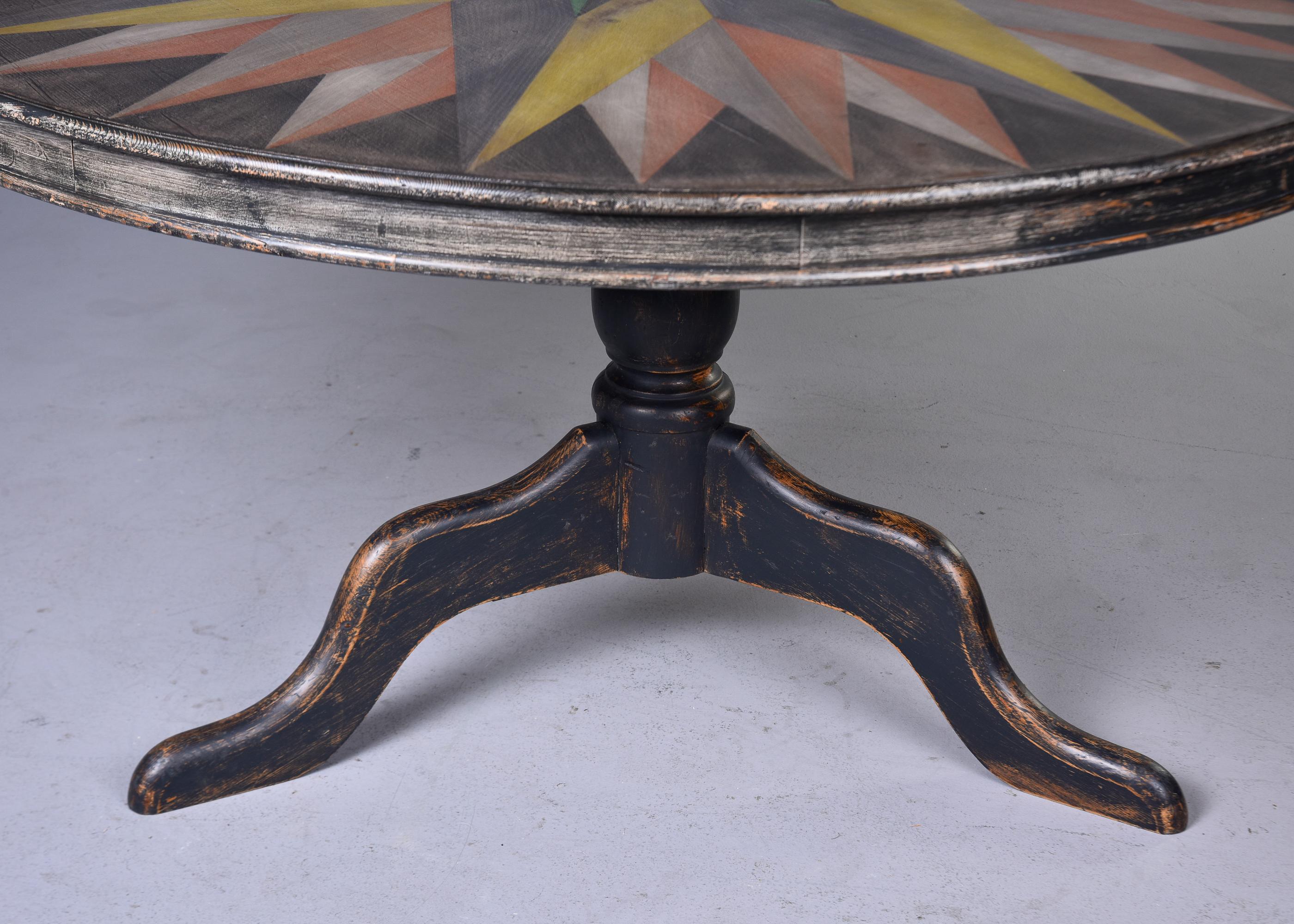 Wood Early 20th C English Round Table with Hand Painted Top