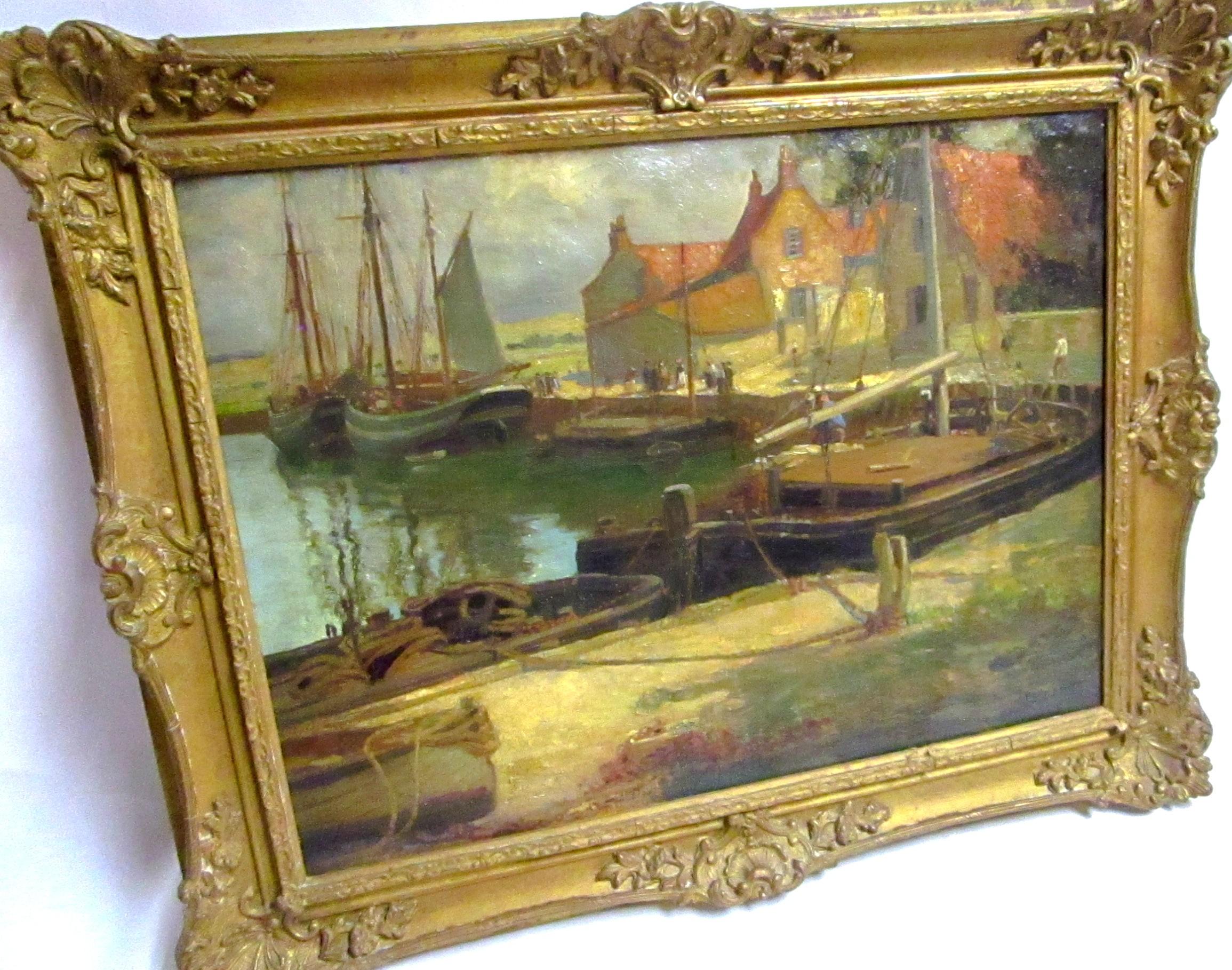 Peinture à l'huile de l'école anglaise du début du 20e siècle représentant le dock et des bateaux de pêche par Frederick Stead en vente 2
