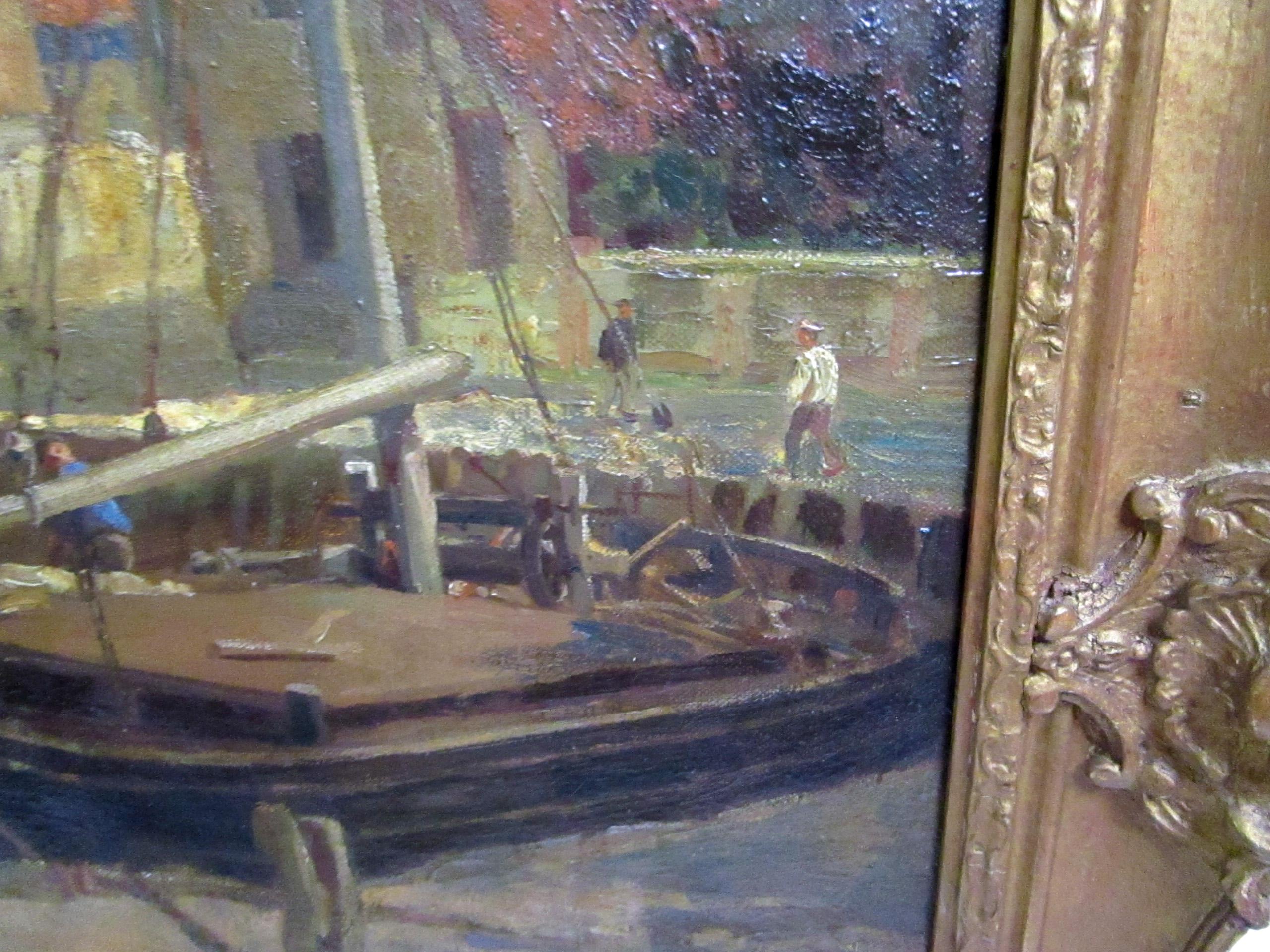 English school, oil on canvas fishing boats alongside dock signed by English portrait and landscape painter Frederick Stead, (1863-1940). Antique wooden frame. Great subtle color and detail.
The decorative frame itself measures three inches on all