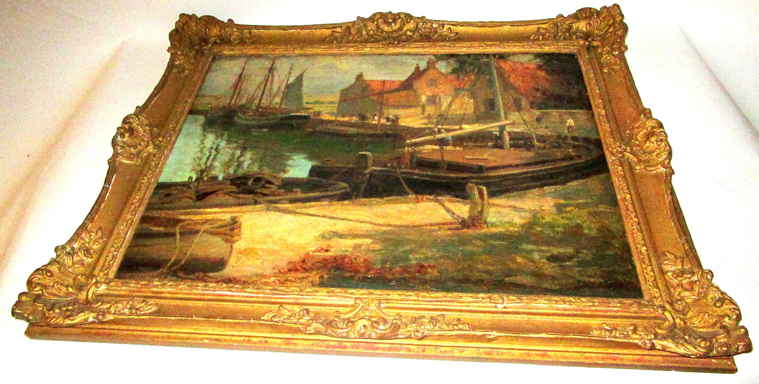 École anglaise, huile sur toile, bateaux de pêche le long d'un quai, signée par le portraitiste et paysagiste anglais Frederick Stead, (1863-1940). Cadre en bois ancien. Les couleurs et les détails sont très subtils.
Le cadre décoratif lui-même