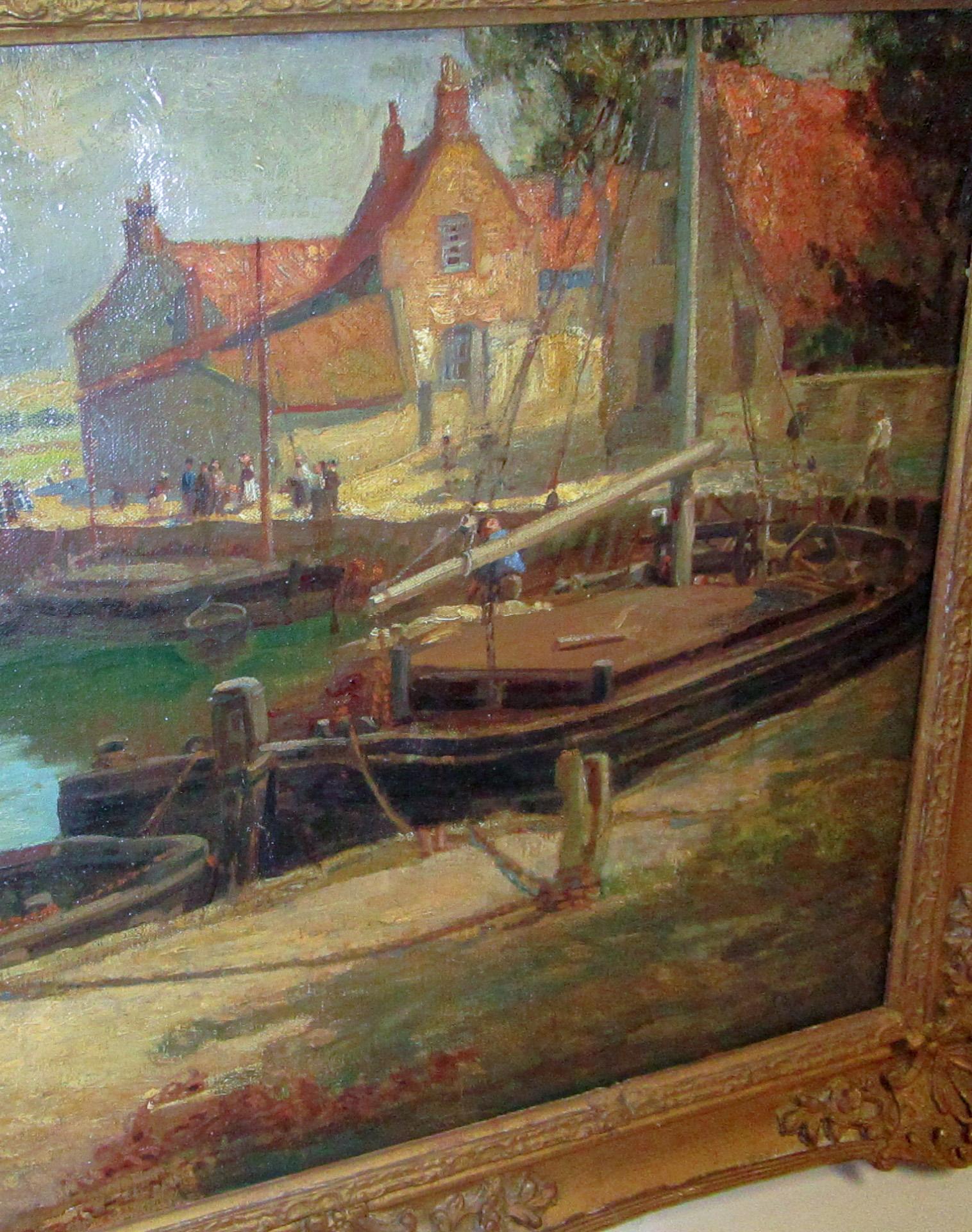 Autre Peinture à l'huile de l'école anglaise du début du 20e siècle représentant le dock et des bateaux de pêche par Frederick Stead en vente